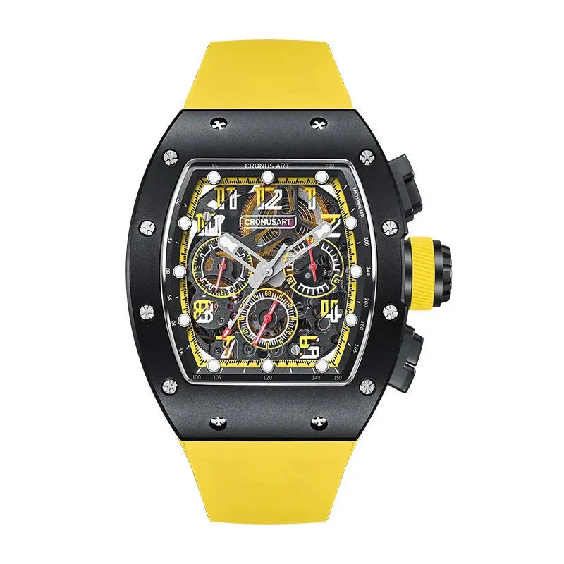 CRONUSART Men's Chronograph Watch - 50mm Tonneau Automatic Mechanical Wristwatch with Luminous Sapphire & Fluororubber Strap - 3 Windows Display - Perfect for Business, Casual & Outdoor Activities