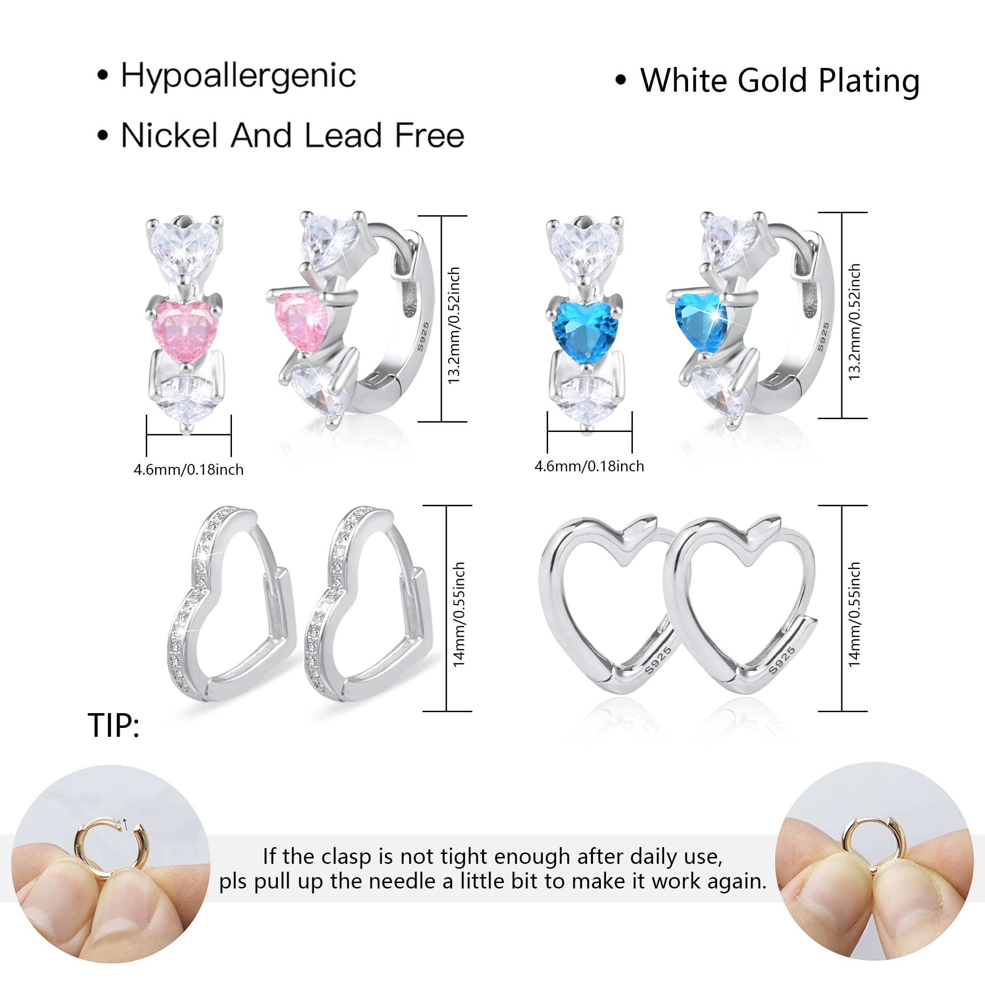 Hypoallergenic Sterling Silver Heart Hoop Earrings for Women & Girls - 4 Pairs Set in Pink & Blue - Dainty Love Jewelry for Everyday Wear, Gifts & Special Occasions