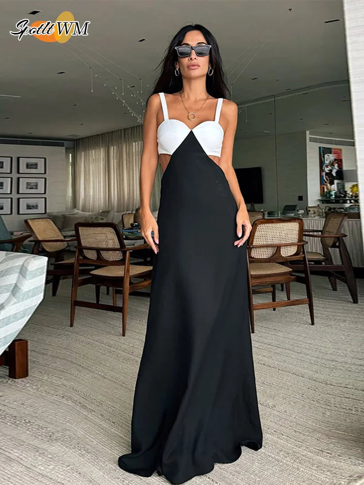 Elegant Contrast Hollow Out Slim Long Dress for Women - Sleeveless Bodycon Maxi Robe | Summer Party, Vacation & Evening Wear | Fashionable 2025 Dress for Special Occasions