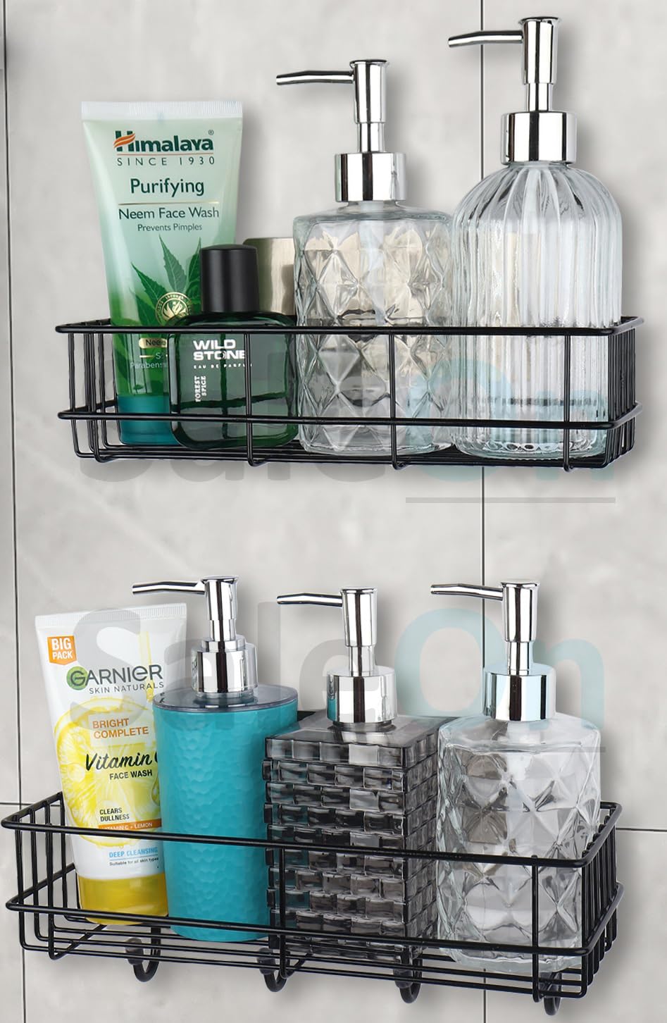 SaleOn Bathroom Shelf Organizer - 2 Pack Metal Wall Mounted Shampoo Rack with 4 Hooks & Adhesive Strips | Space Saving Bathroom Storage for Shower, Kitchen, Laundry Room & Dorm Organization