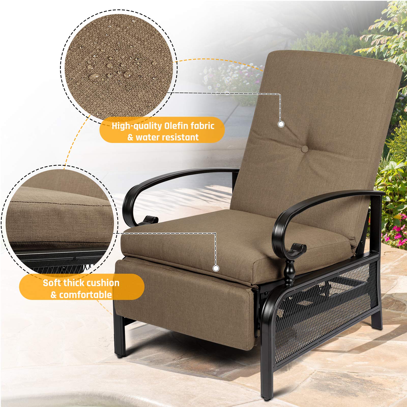 Adjustable Outdoor Lounge Chair with Removable Cushions - Durable Metal Recliner Sofa for Patio, Garden, Poolside, Backyard - Comfortable Brown Sunbathing Chair - Perfect for Relaxing, Lounging, and Enjoying Outdoor Spaces