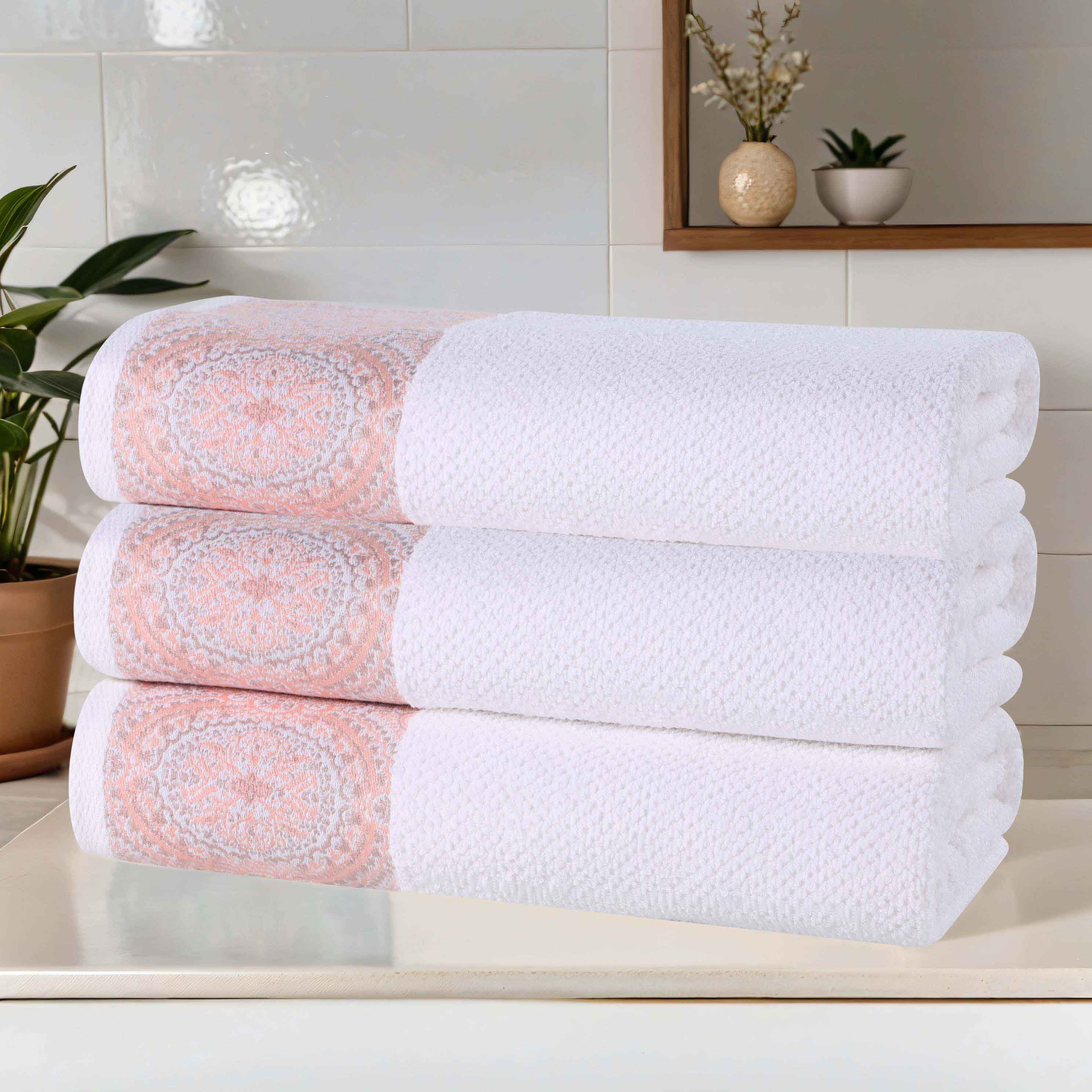 Premium Medallion Cotton Jacquard Bath Towels Set of 3 - Ultra Soft & Absorbent Luxury Towels for Spa, Bathroom & Beach Use