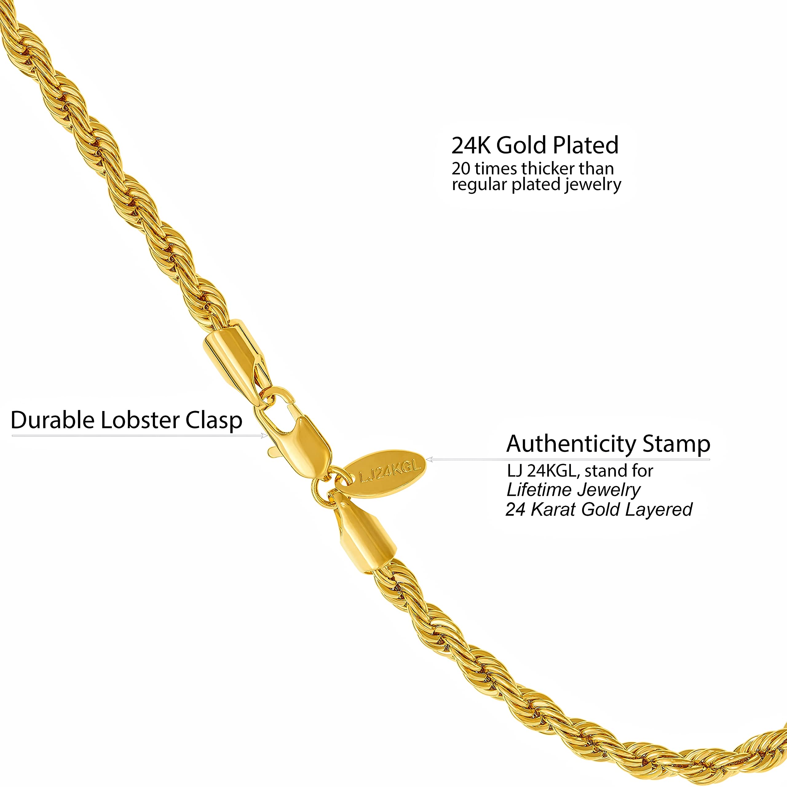 LIFETIME JEWELRY 24k Gold Plated Women's Anklet Bracelet - 5mm Rope Chain Ankle Jewelry for Everyday Wear, Beach, Party & Special Occasions