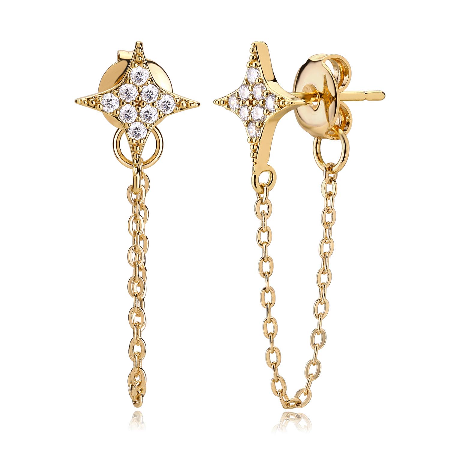 LOYATA 14K Gold Filled Chain Stud Earrings with Cubic Zirconia - Dainty Dangle Hypoallergenic Jewelry for Women - Perfect Gift for Birthday, Anniversary & Special Occasions