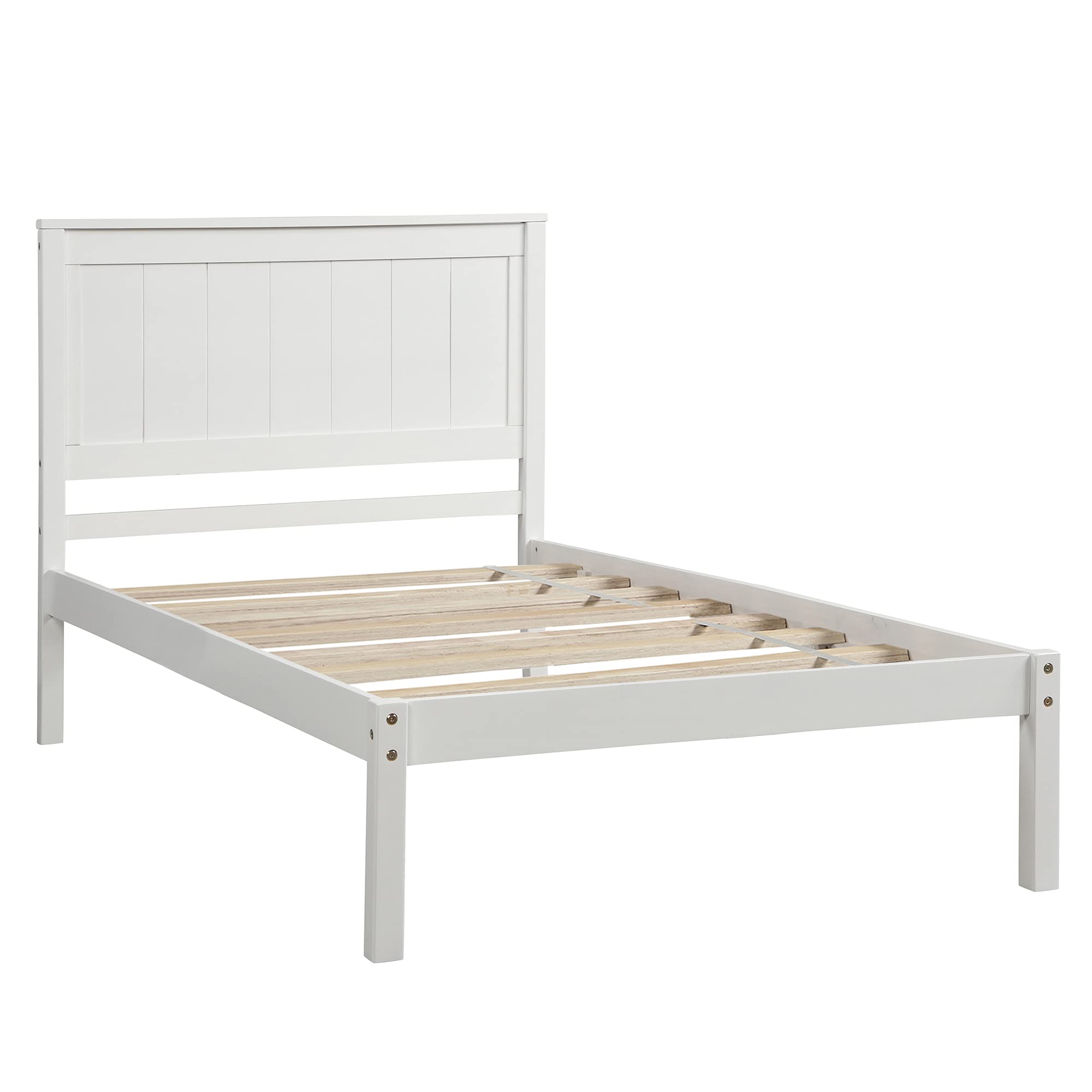 P PURLOVE Twin Size Wooden Platform Bed Frame with Headboard & Slat Support - No Box Spring Needed, White - Perfect for Small Bedrooms, Guest Rooms & Dormitories