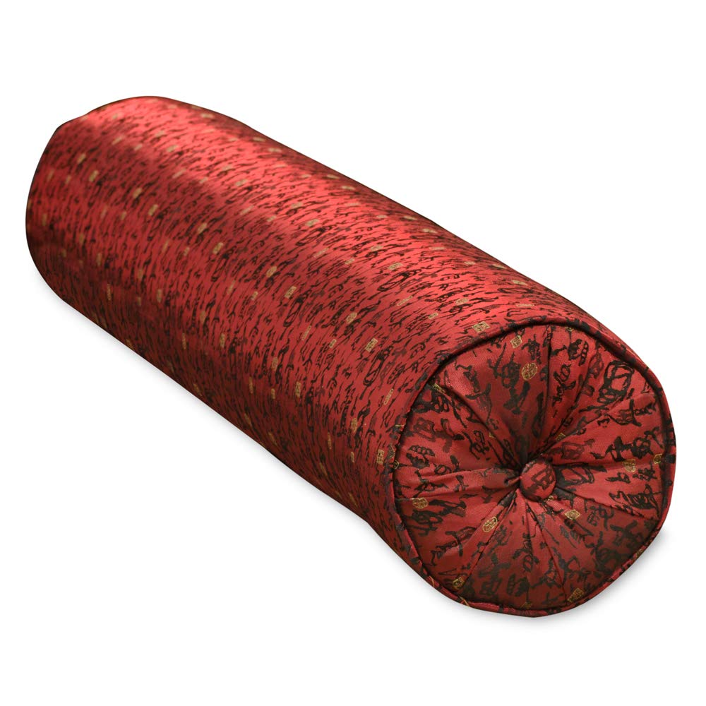 Chinese Calligraphy Maroon Silk Long Bolster Pillow - Traditional Home Decor for Sofa, Bed & Meditation Room