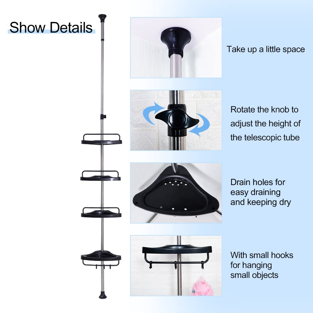**Hershii Adjustable Shower Caddy Tension Pole - 72-122 Inch Black Bathroom Storage Organizer, Space-Saving Corner Shelf for Shampoo, Soap & Towels - Perfect for Small Bathrooms & Apartments**