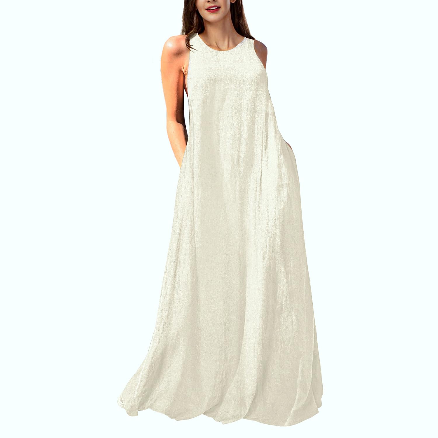 Mingyuezai Women's Sleeveless Linen Maxi Dress - Casual Summer Long Dress with Pockets for Beach, Vacation & Outdoor Activities