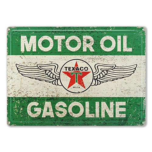 Vintage Texaco Motor Oil Gasoline Wing Logo Tin Sign - Rustic Metal Wall Plaque for Man Cave, Garage & Outdoor Bar Decor - Retro Gas Station Wall Art for Bedroom, Office & Pub