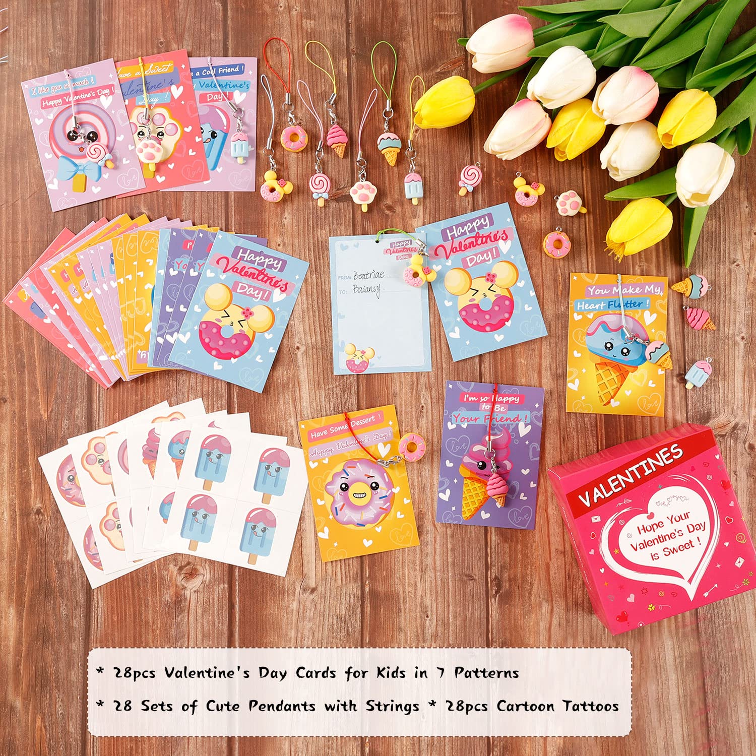 35Pcs Valentine's Day Cards for Kids - Cute Dessert-Themed Cards with 7 Unique Pendant Designs | Perfect for Classroom Exchanges, School Parties & Holiday Gifts | Fun Valentine's Day Activity for Preschool & Elementary Students