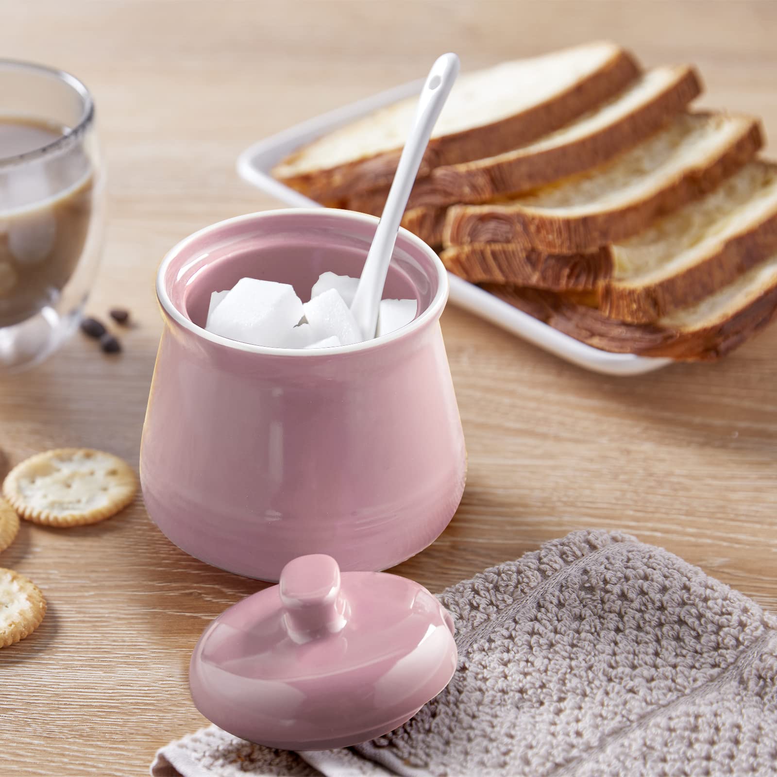 12 oz Ceramic Sugar Bowl with Lid and Spoon - Airtight Sugar Storage Container for Coffee, Tea & Baking - Pink Kitchen Decor for Countertop, Coffee Bar & Dining Table