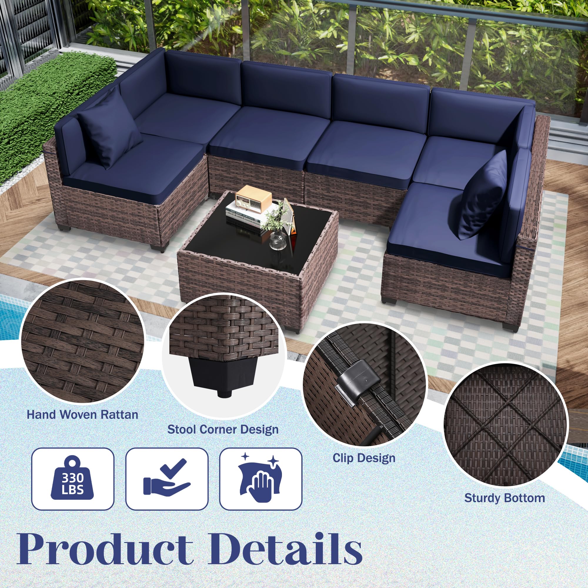KIGOTY 7-Piece Modular Outdoor Sectional Sofa Set - All-Weather PE Rattan Wicker Patio Furniture with Cushions & Coffee Table (Brown/Navy) - Perfect for Backyard, Poolside & Garden Relaxation