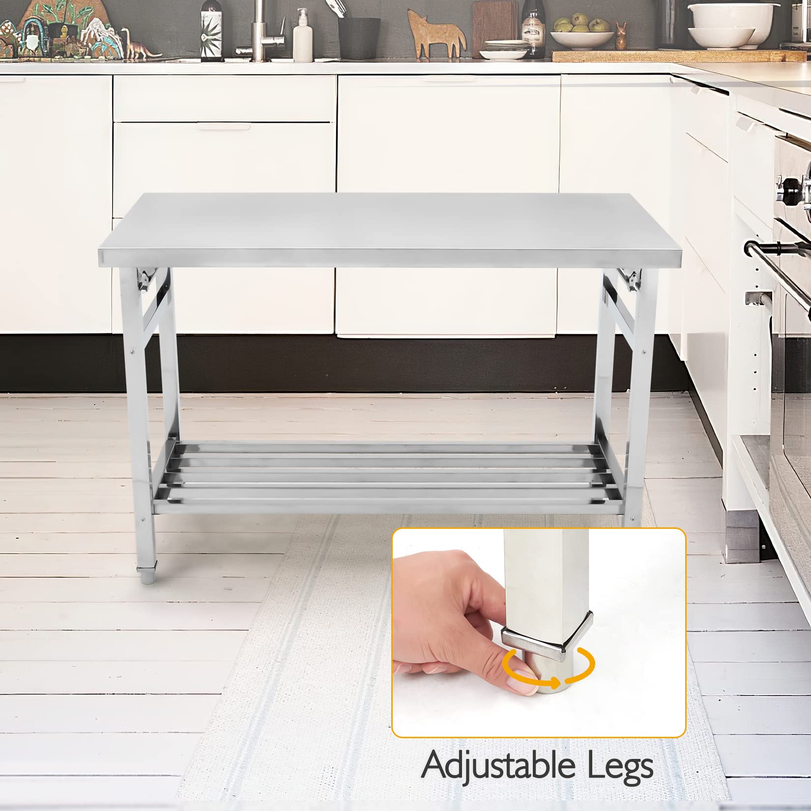Heavy Duty Stainless Steel Folding Table 24x47 Inches - Adjustable Undershelf Commercial Prep Table for Kitchen, Restaurant, Home & Hotel Use - Perfect for Food Preparation, Catering Events & Outdoor Cooking