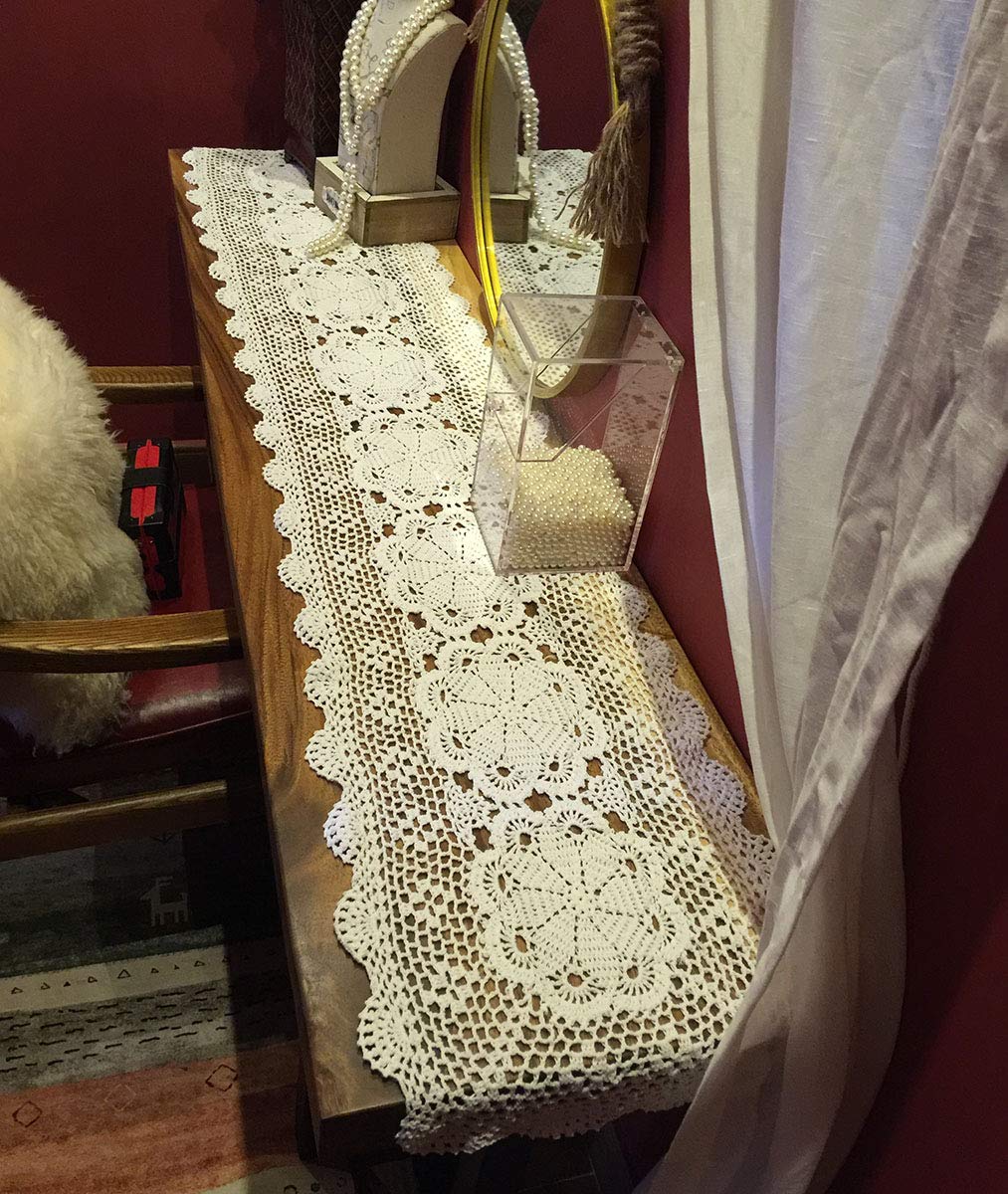 Handmade White Crochet Cotton Table Runner - 16x51 Inches Lace Doily Rectangular Dresser Scarf for Dining Table, Coffee Table, and Home Decor