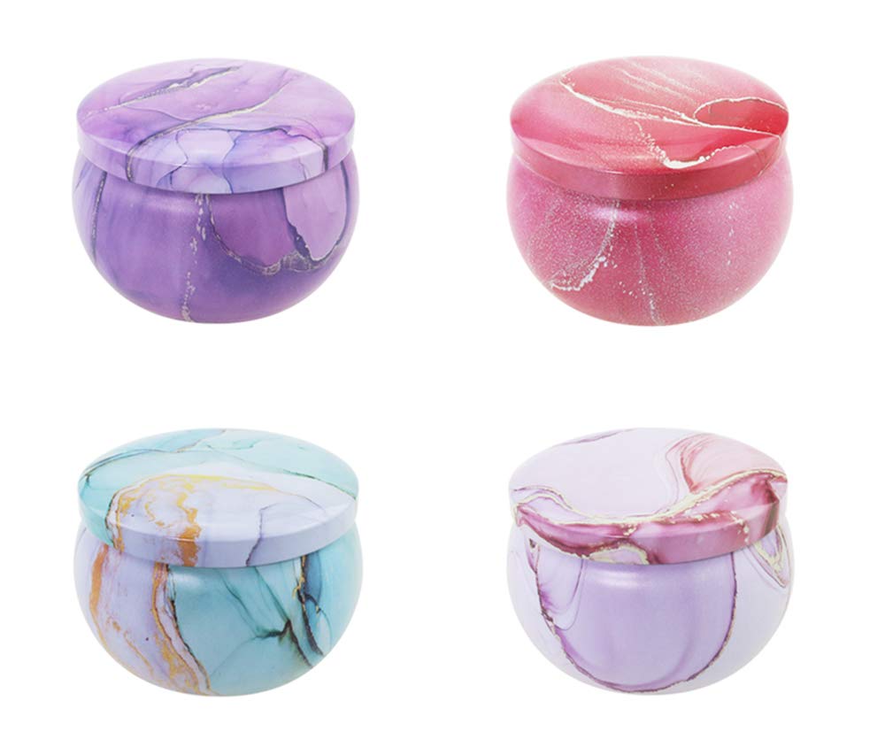 Colorful Marble Pattern Metal Storage Tins with Lids - 4 Pack Empty Round Candy Containers for DIY Candles, Cookies, Lip Balm, Cosmetics | Perfect for Home, Office & Party Treat Organization