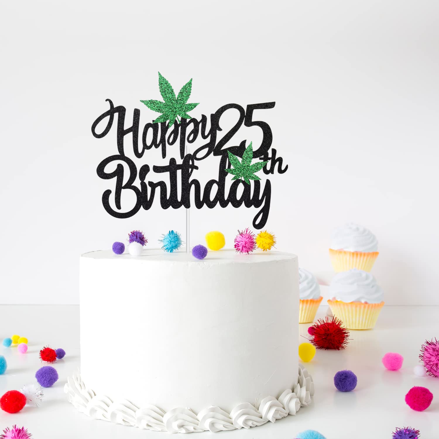 25th Birthday Cake Topper with Pot Leaf Design - Glitter Weed Leaf Marijuana Cake Decor for 420 Party - Perfect for Stoner Birthday Celebrations & Cannabis-Themed Events