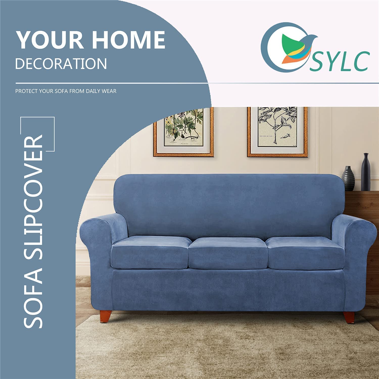 Stretch Velvet Sofa Slipcover with Separate Seat Cushion Covers - Super Soft Non-Slip Couch Cover Furniture Protector with Elastic Bands for 2-Seater Sofa - Blue - Perfect for Living Room, Home Decor & Pet-Friendly Furniture Protection