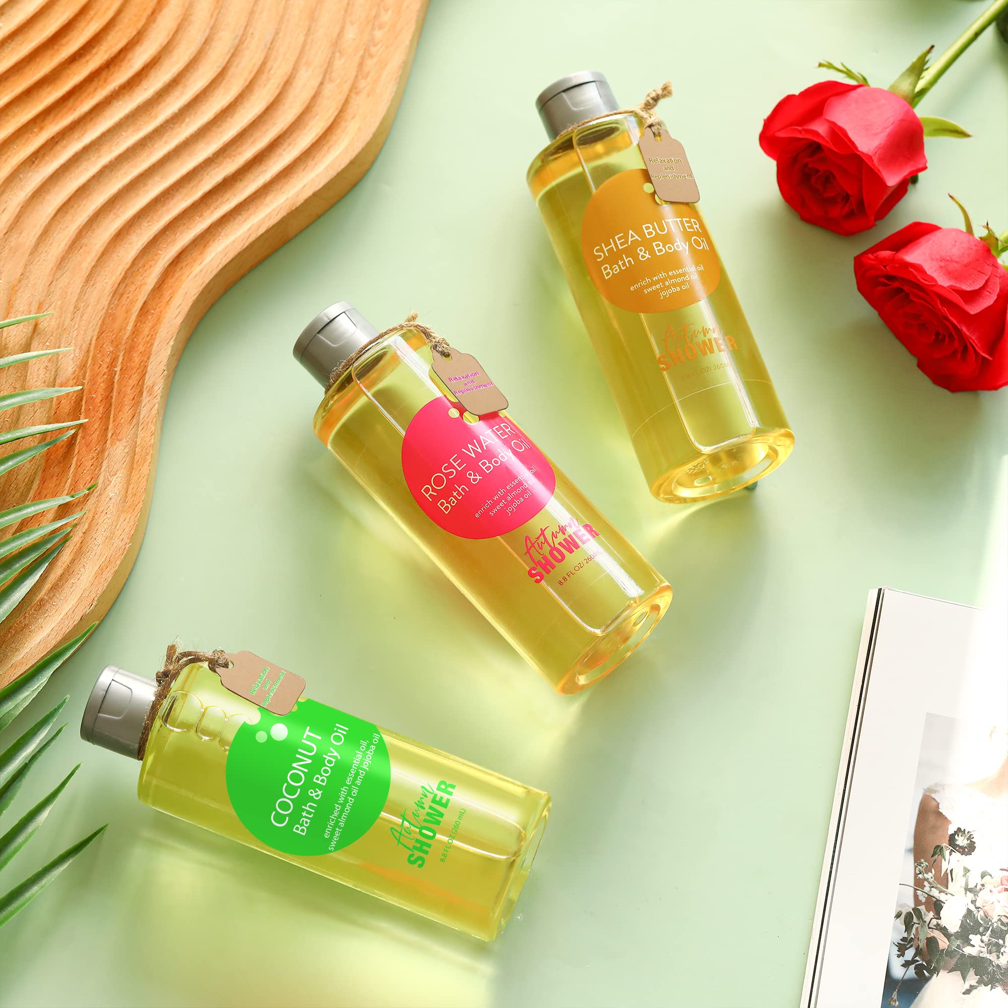 Organic Bath & Body Oil with Sweet Almond, Jojoba & Shea Butter - Hydrating Coconut & Rose Water Blend - 26.4 fl oz (3-Pack) - Moisturizing Treatment for Dry Skin & Hair - Perfect Mother's Day Gift & Spa Day Essential