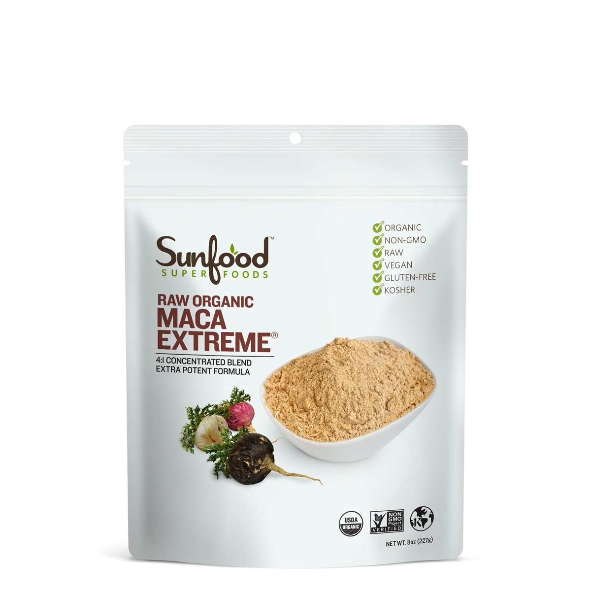 Sunfood Organic Maca Extreme - Premium Raw Peruvian Maca Root Powder for Men & Women | Vegan Superfood Supplement with Adaptogens | 8 Oz Resealable Bag | Boost Energy, Hormone Balance & Stress Relief for Workouts & Daily Wellness
