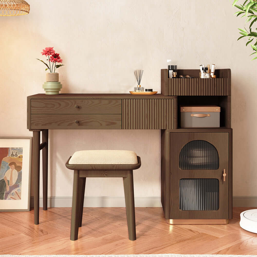 Modern Wooden Vanity Dressing Table with LED Lighted Mirror - Perfect for Bedroom, Bathroom & Makeup Studio | Adjustable Brightness & USB Charging Port