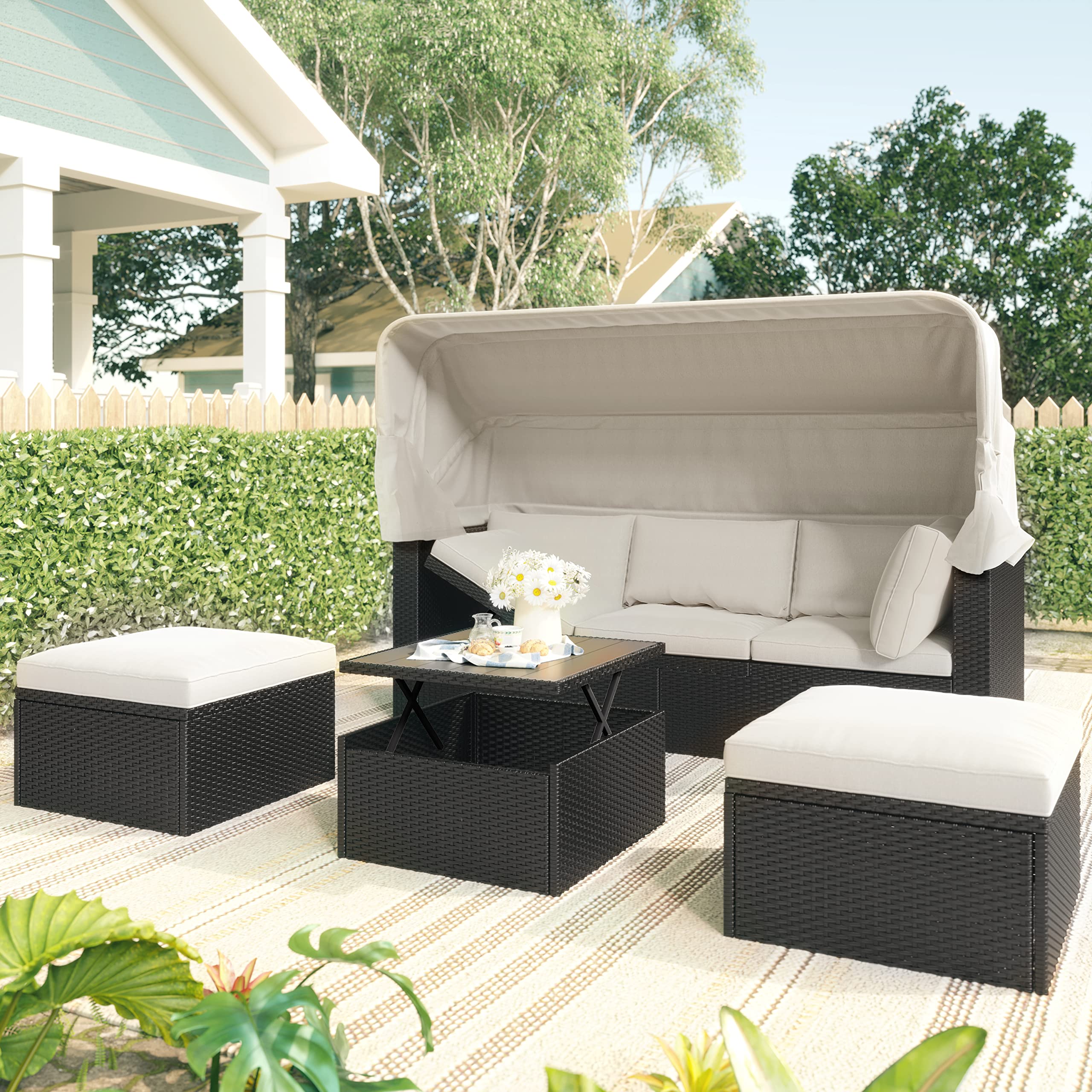 Outdoor Rattan Daybed with Retractable Canopy - Patio Wicker Sectional Sofa Set with Washable Cushions & Lift-Top Table - UV-Resistant Outdoor Furniture for Poolside, Garden, or Backyard Relaxation (Beige)