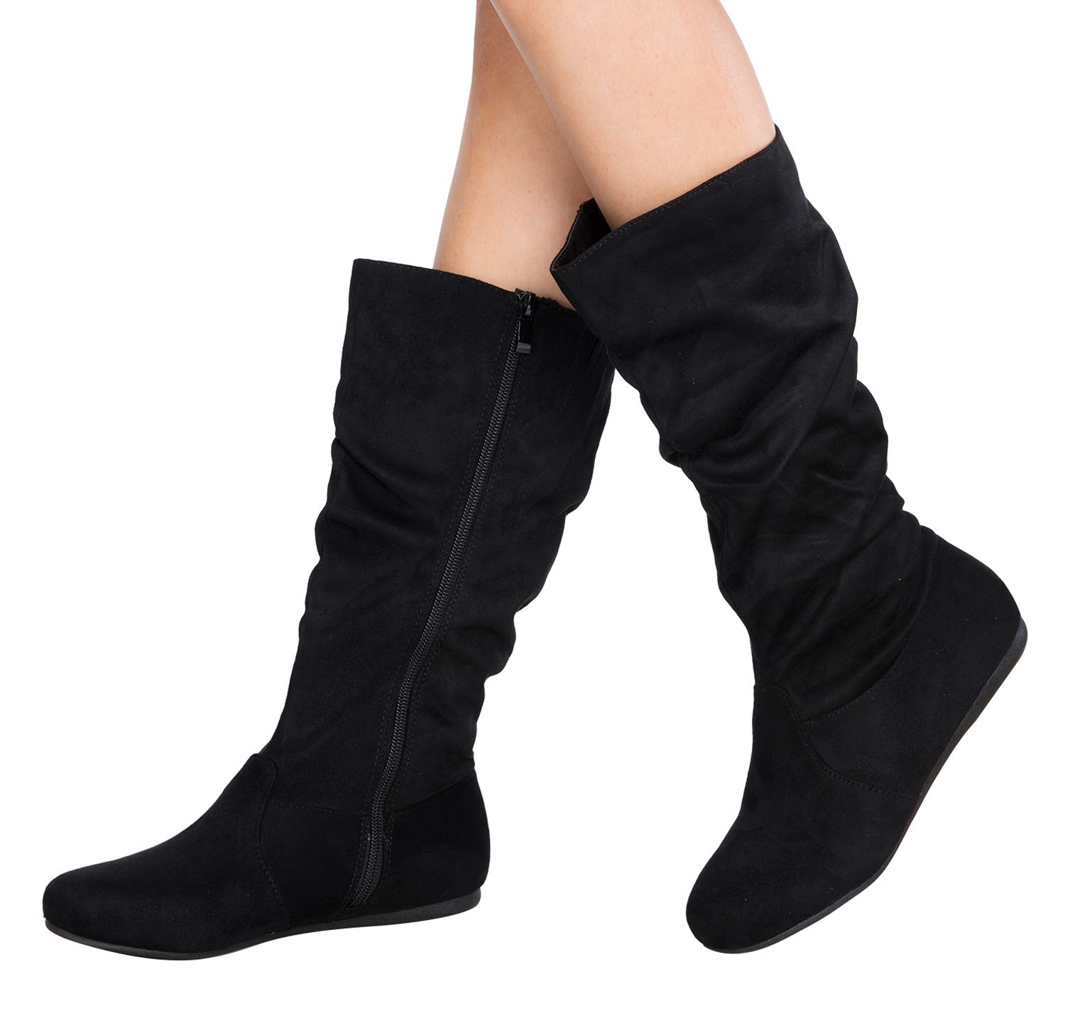 Women's Slouchy Suede Mid-Calf Boots with Side Zipper - Low Heel Slip-On Casual Shoes for Everyday Wear, Office & Fall Fashion