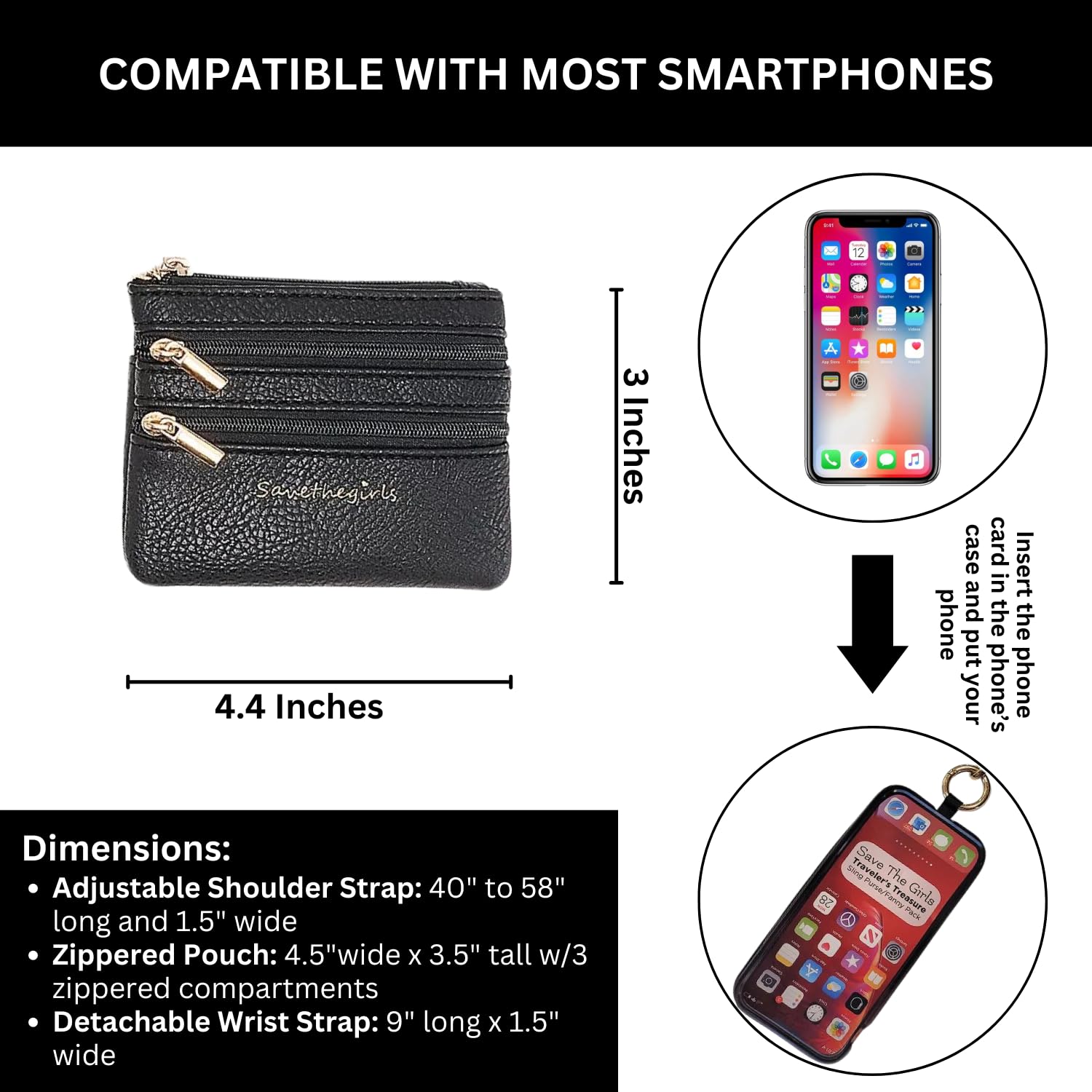 Clip & Go Phone Strap with Zipper Wallet Pouch – Cross Body Phone String Chain Purse Badge Holder – Medium Black Strap for Hands-Free Convenience at Work, Travel, and Events