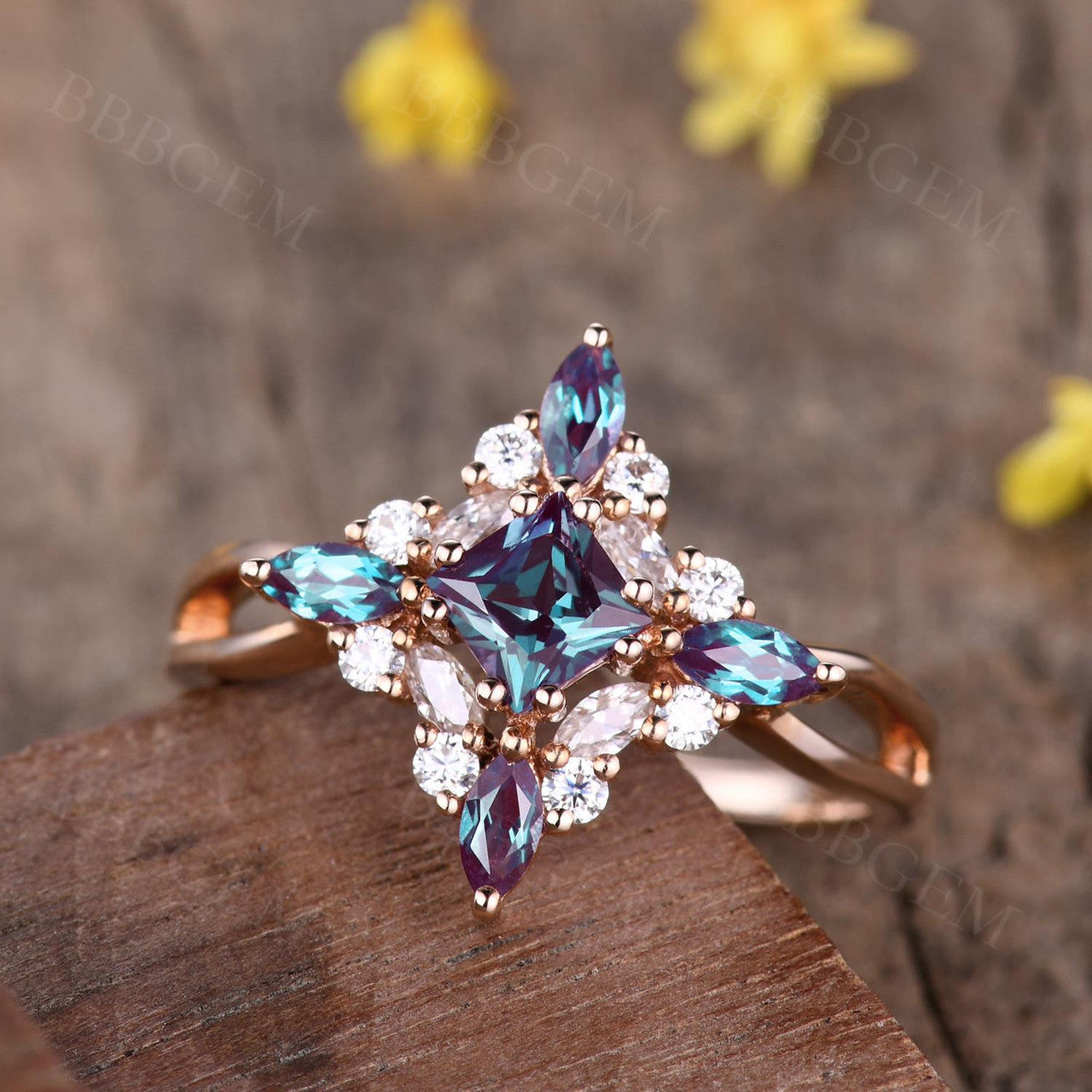 Vintage French Princess Cut Lab Alexandrite Infinity Crossover Ring Cluster Diamond - Elegant Engagement, Wedding, Anniversary Jewelry Gift for Women