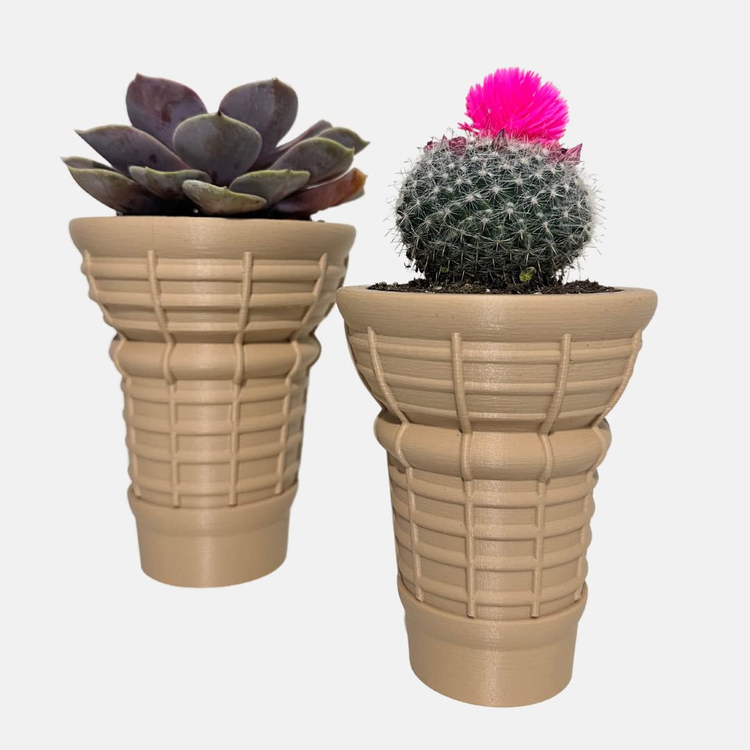 TWO 3D Printed Ice Cream Cone Planter Pots for Indoor Plants - Unique Cute Plastic Flower Pots for Home Decor (Made in USA) - Perfect for Succulents, Small Plants & Kitchen Herb Gardens