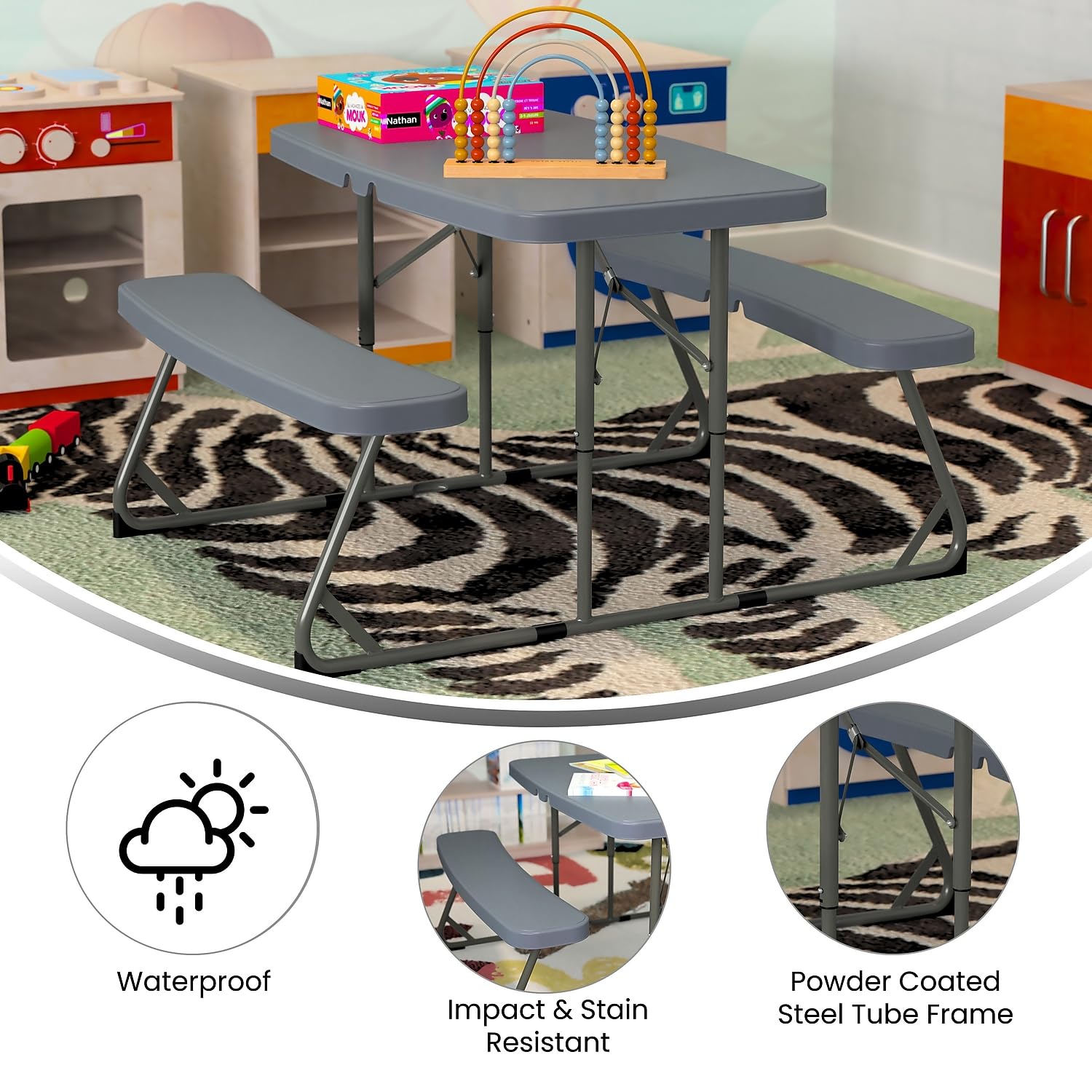 Flash Furniture Easy Folding Plastic Kids Outdoor Picnic Table and Benches Set - Commercial Grade Durable for Ages 2-5 - Grey 1-Piece Set - Perfect for Backyards, Daycares & Outdoor Play Areas