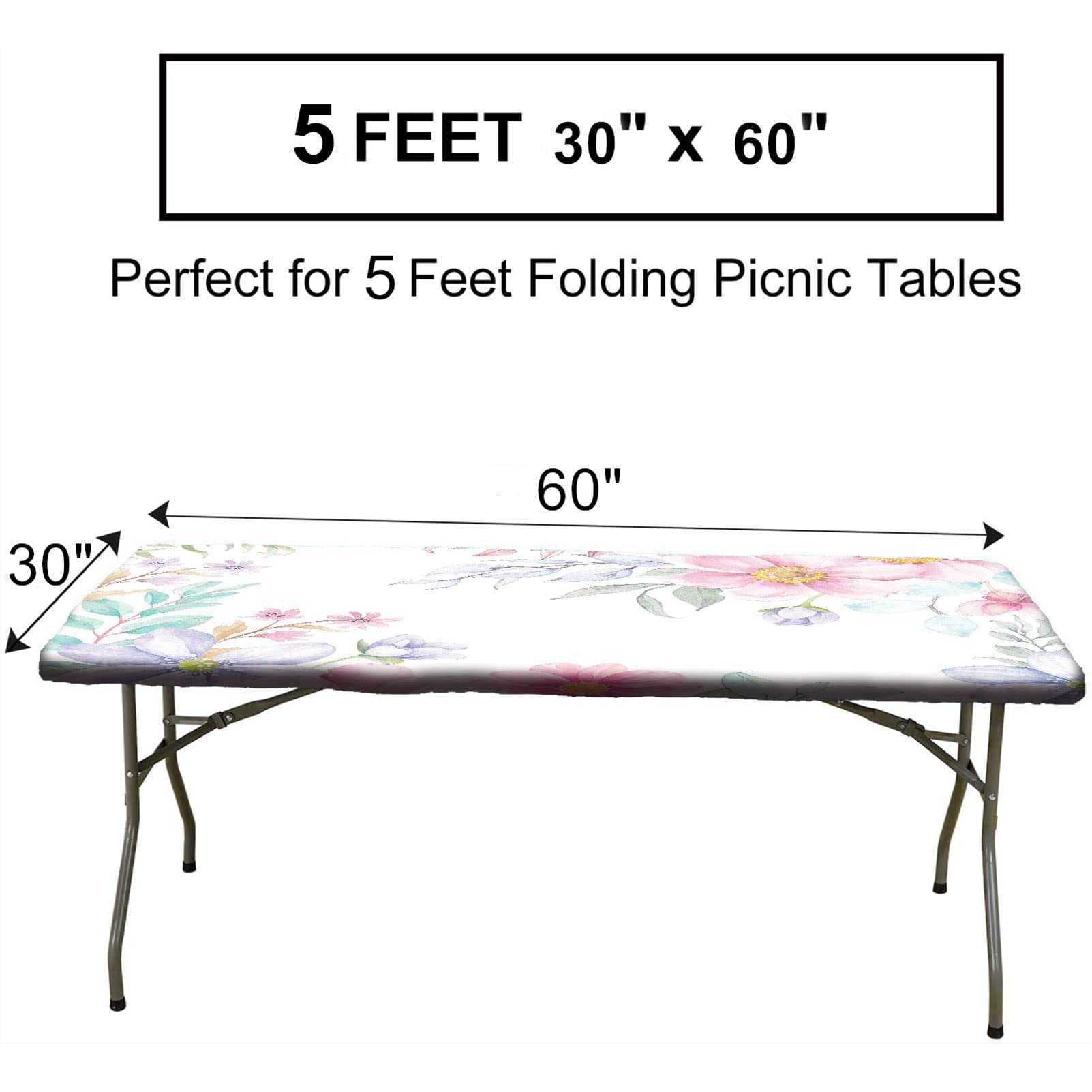 Floral Print Elastic Fitted Tablecloth - 60x30 Inch Stretch Polyester Table Cover for Rectangle Tables - Wedding, Banquet & Restaurant Decor - Pink & Purple Design - Perfect for Dining Room, Party & Event Decorations