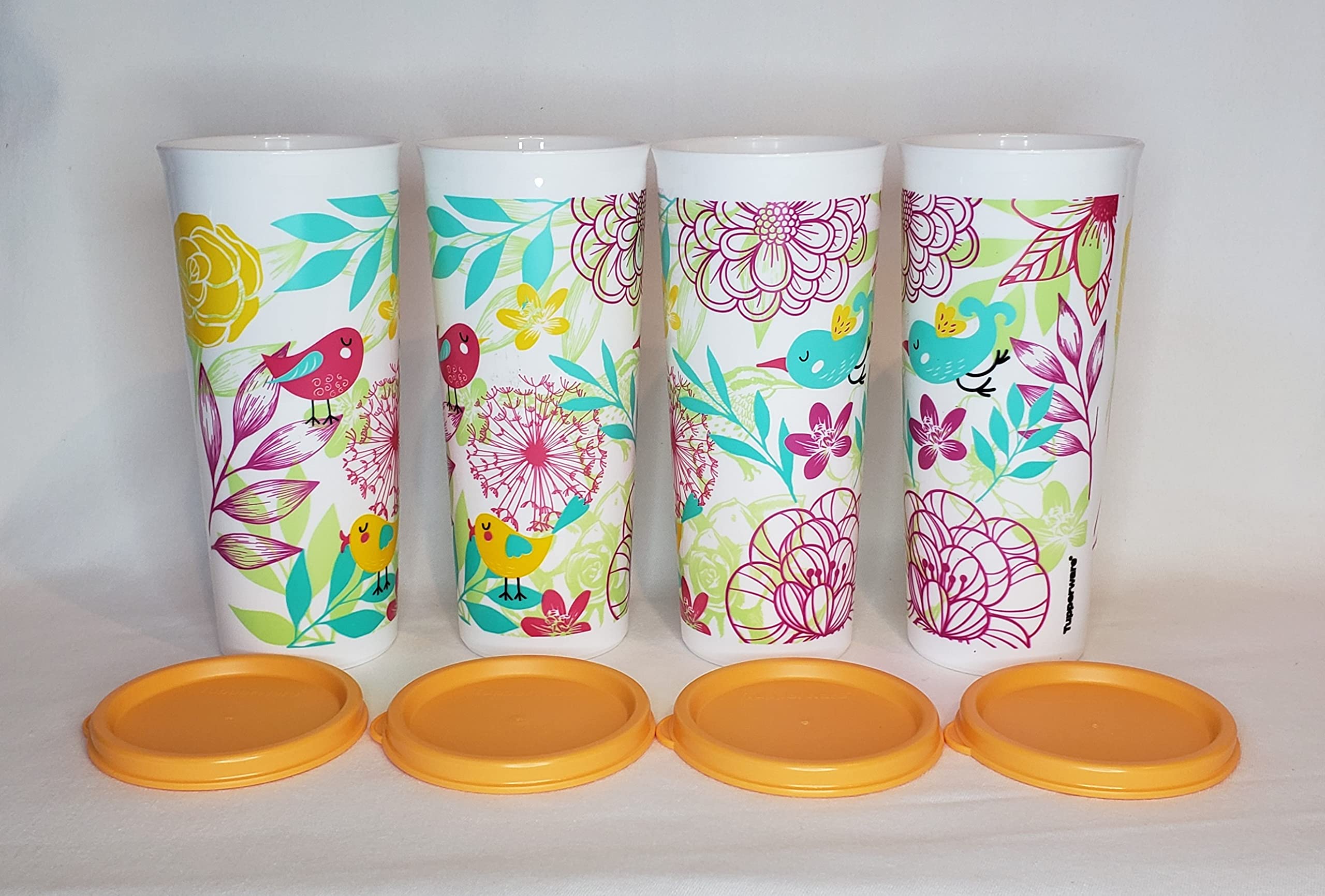 New Tupperware 16oz / 470ml Stackable Tumblers Set of 4 - Bird & Floral Design BPA-Free Drinking Glasses for Juice, Iced Coffee & Smoothies - Perfect for Picnics, Parties & Home Use