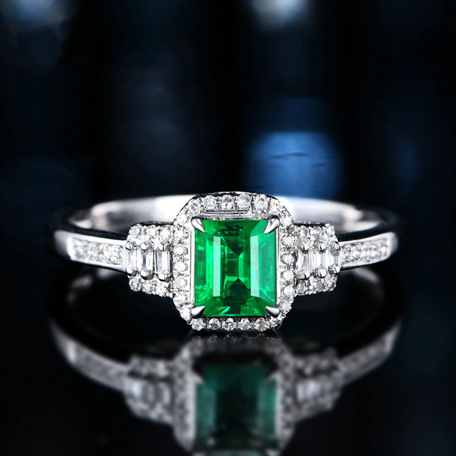 18K White Gold & Sterling Silver Women's Rings - Created Emerald Moissanite/Zirconia Wedding Band Set | Elegant Jewelry for Engagement, Anniversary & Special Occasions | Perfect Gift for Her