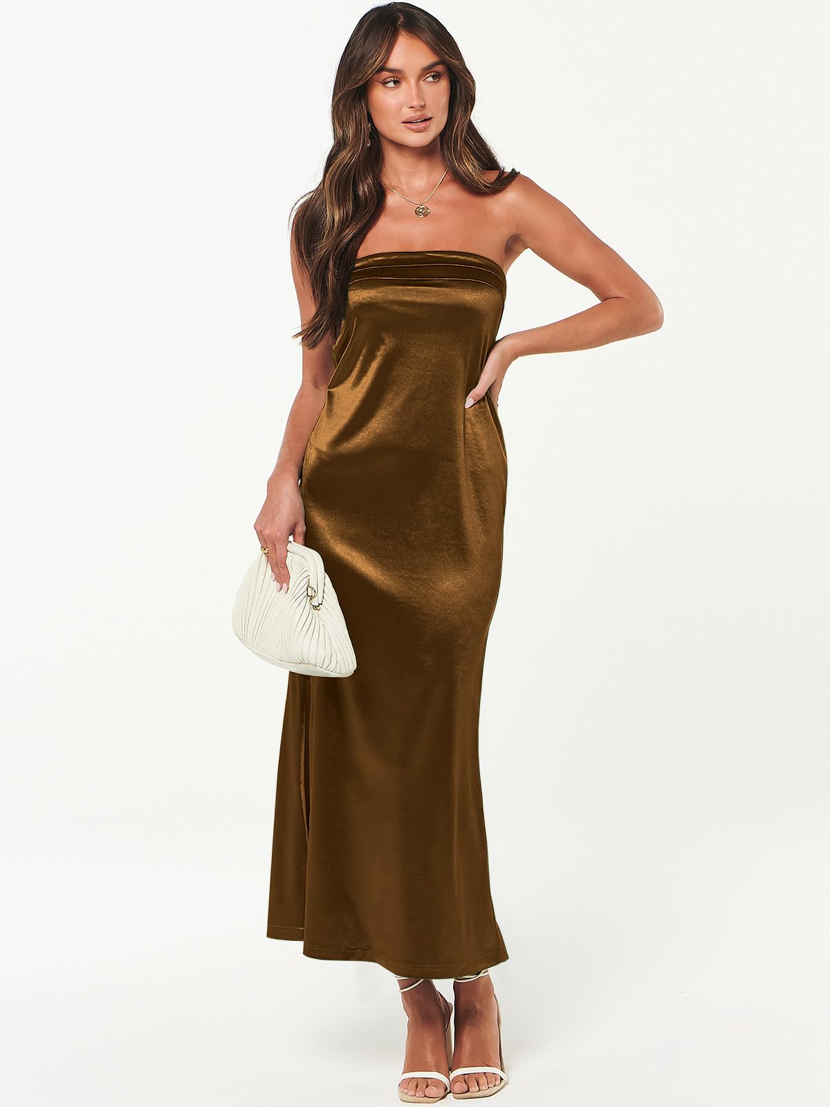 Caracilia Women's Strapless Satin Bodycon Maxi Dress - Backless Formal Gown for Wedding Guest, Spring & Summer 2025 - Perfect for Cocktail Parties, Evening Events & Special Occasions