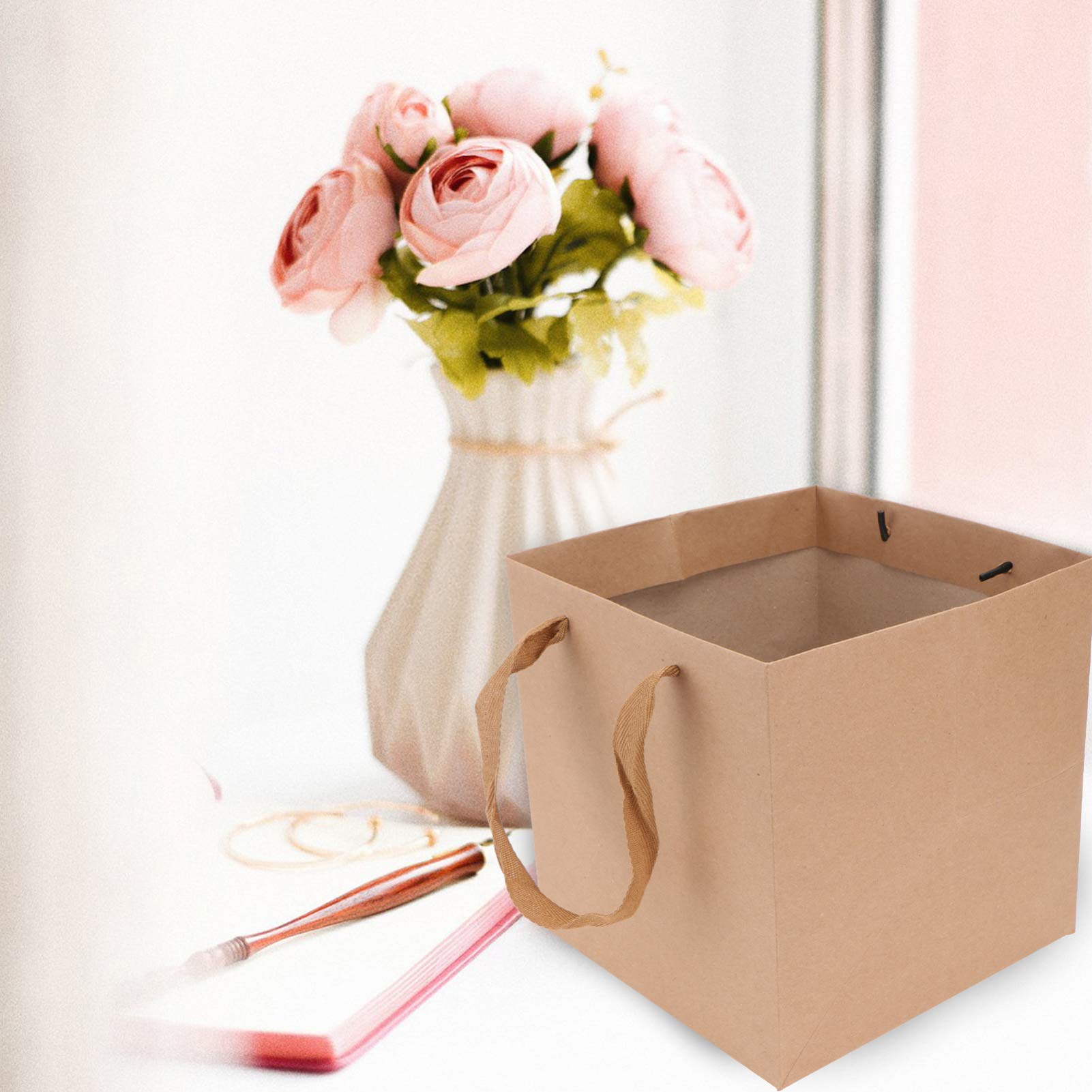 DOITOOL 10pcs Kraft Paper Gift Bags with Ribbon Handles - 20x20x20cm Square Paintable Shopping Bags for Jewelry, Flowers & Retail Gifts | Eco-Friendly Light Brown Tote Bags for Wedding Favors, Birthday Presents & Party Giveaways