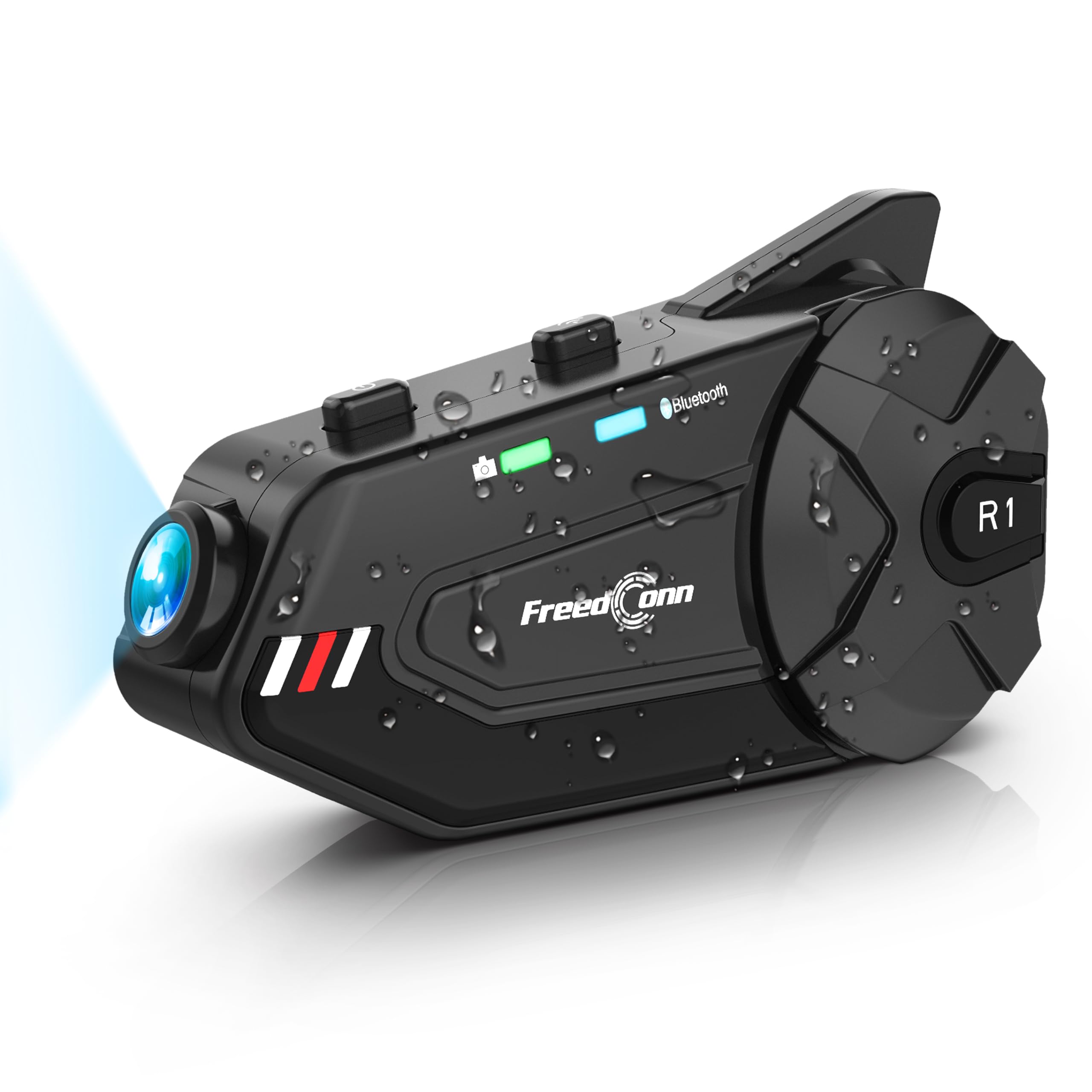 FreedConn R1plus Bluetooth Motorcycle Helmet Headset with Camera - 1000M Range, 6-Way Intercom, Waterproof, FM Radio - Wireless Communication System for Most Helmets - Perfect for Group Rides, Touring & Adventure Motorcycling