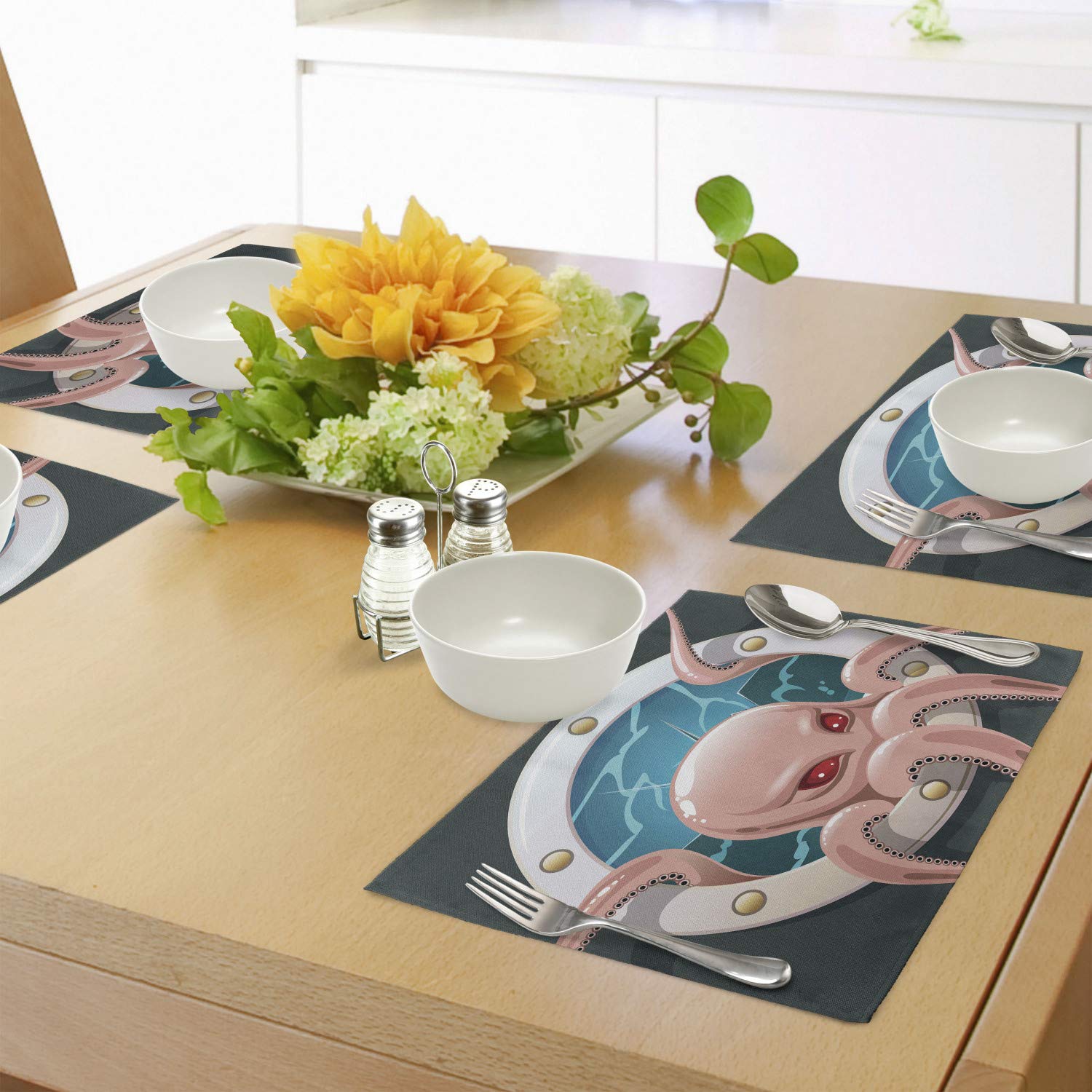 Lunarable Octopus Place Mats Set of 4 - Kraken Tentacles in Ship Porthole Retro Art, Washable Fabric Table Mats for Dining Room & Kitchen Decor (Grey, Pink, Blue) - Perfect for Seafood Dinners & Nautical Theme Parties