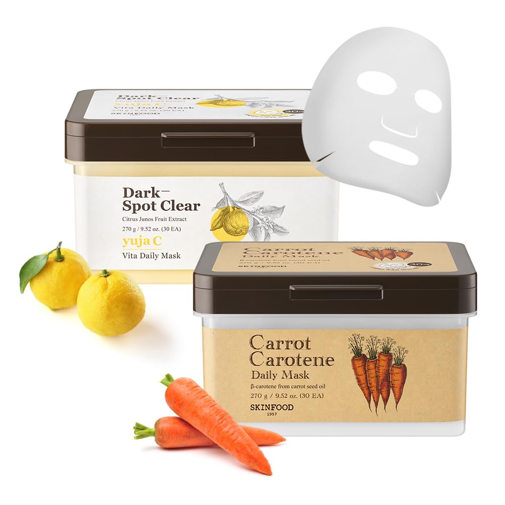 SKINFOOD Carrot & Yuja Sheet Masks - Hydrating, Soothing & Brightening Facial Treatment for Dull & Dry Skin (30 Sheets) | Korean Skincare for Daily Glow & Nighttime Repair