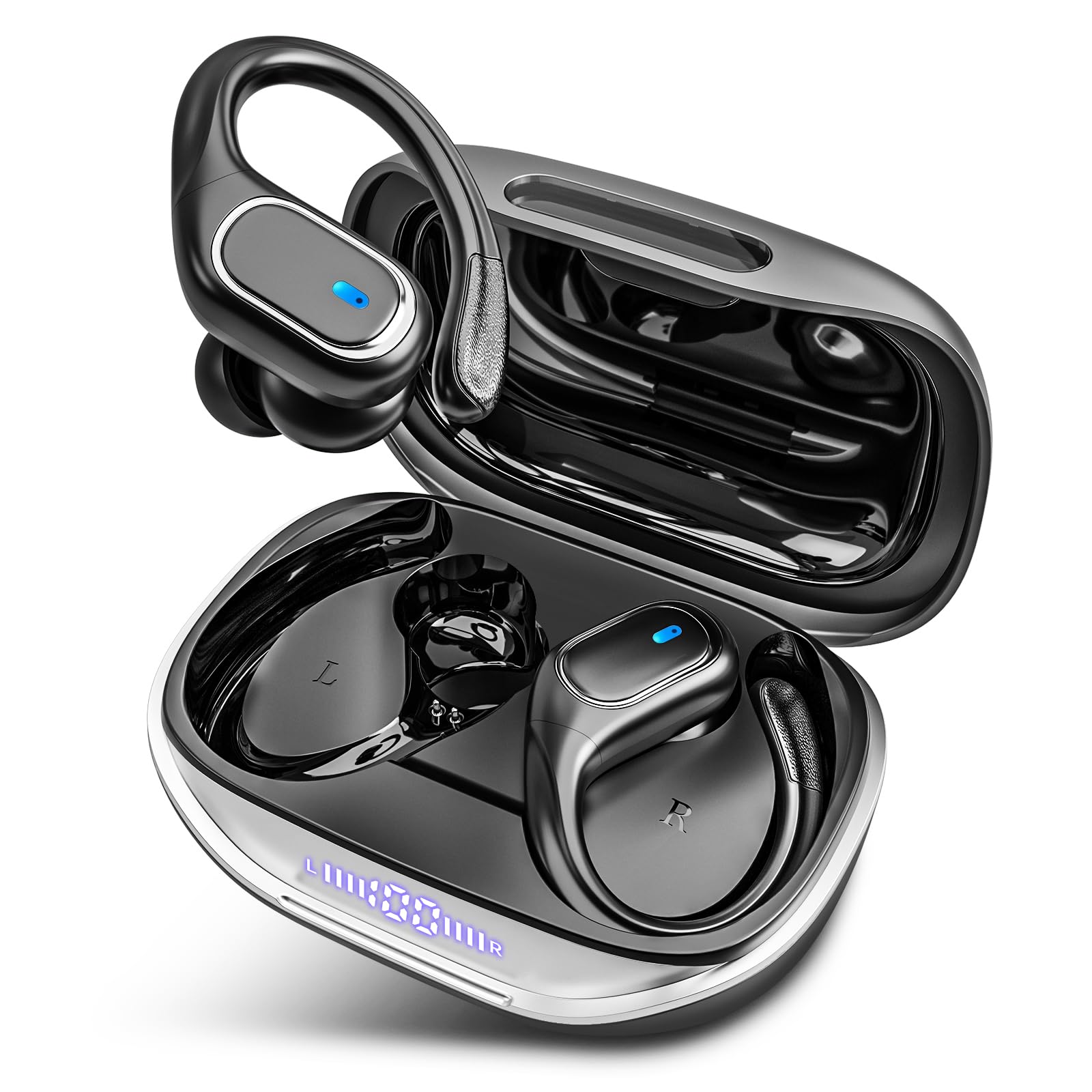 Wireless Bluetooth Earbuds with 80Hrs Playtime, IPX7 Waterproof, Wireless Charging Case & Secure Earhooks - Perfect for Sports, Running, Gym & Travel (Black)