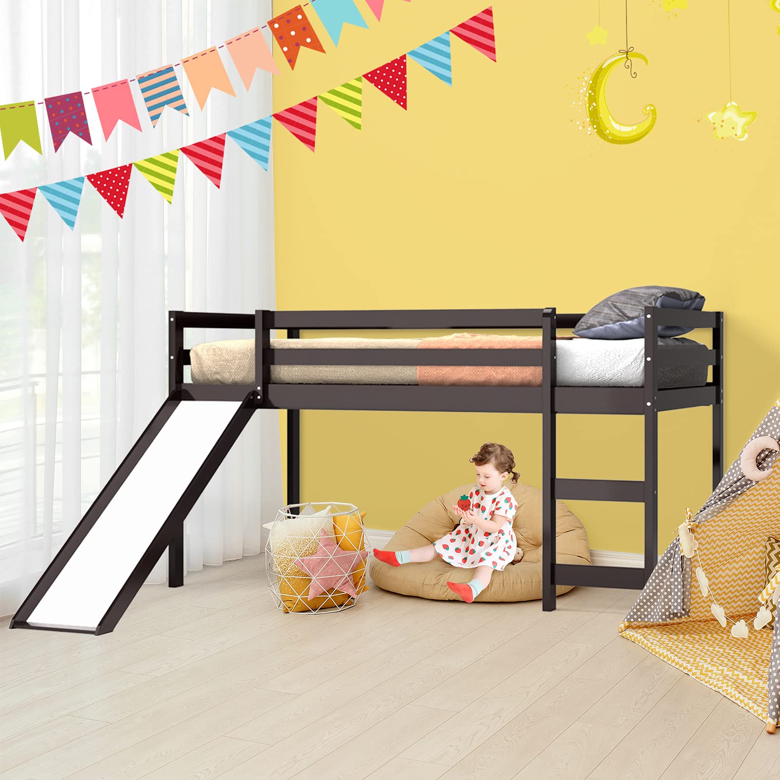 KOTEK Twin Loft Bed with Slide - Wooden Low Loft Bed for Kids with Ladder, Safety Guard Rail & Slats - Espresso Finish - Perfect for Small Bedrooms, Playrooms & Kids' Sleepovers