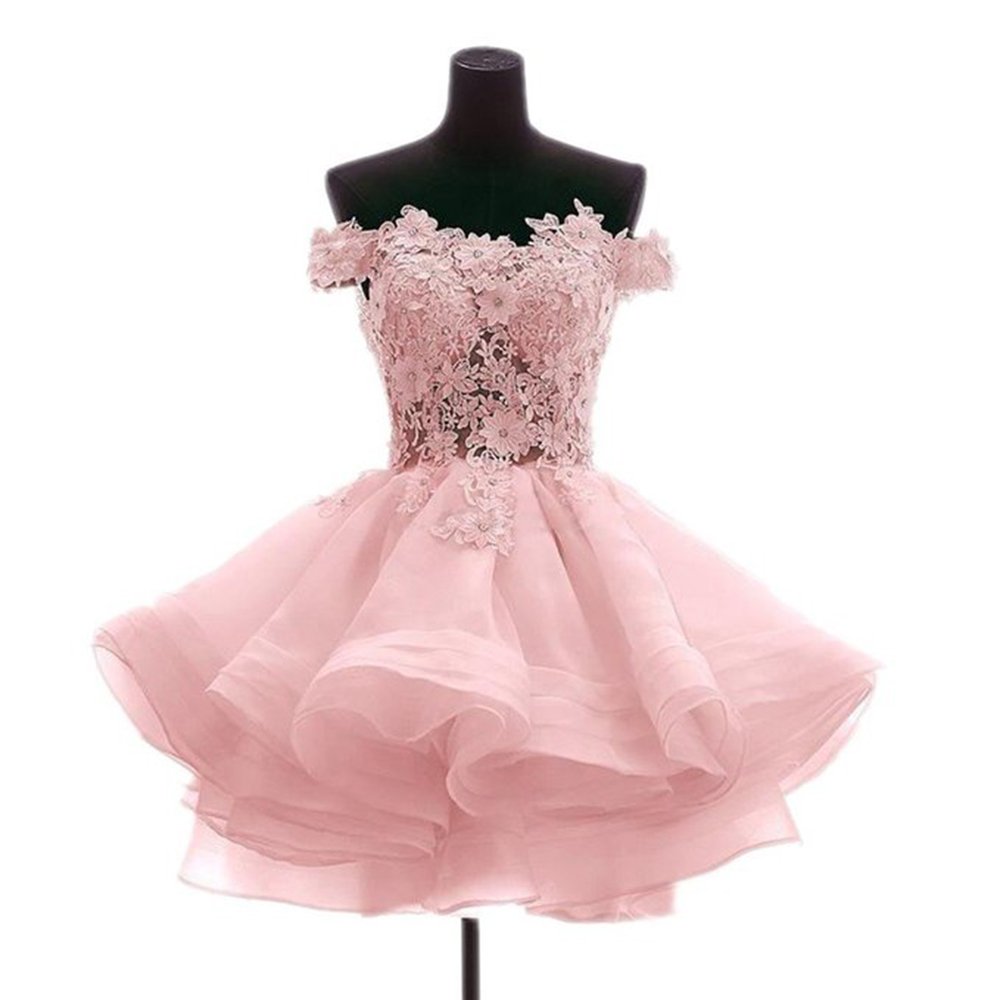 Angela Women's Off The Shoulder Organza Short Prom Dress - Pink Homecoming Party Gown for Prom Night, Sweet 16, Quinceañera & Special Occasions