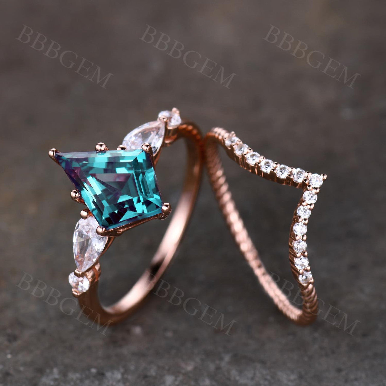 7x10mm Rose Gold Kite Step Cut Alexandrite Engagement Ring Set with Moissanite Wedding Band & Curved V Matching Band | Perfect for Proposals, Anniversaries & Bridal Jewelry