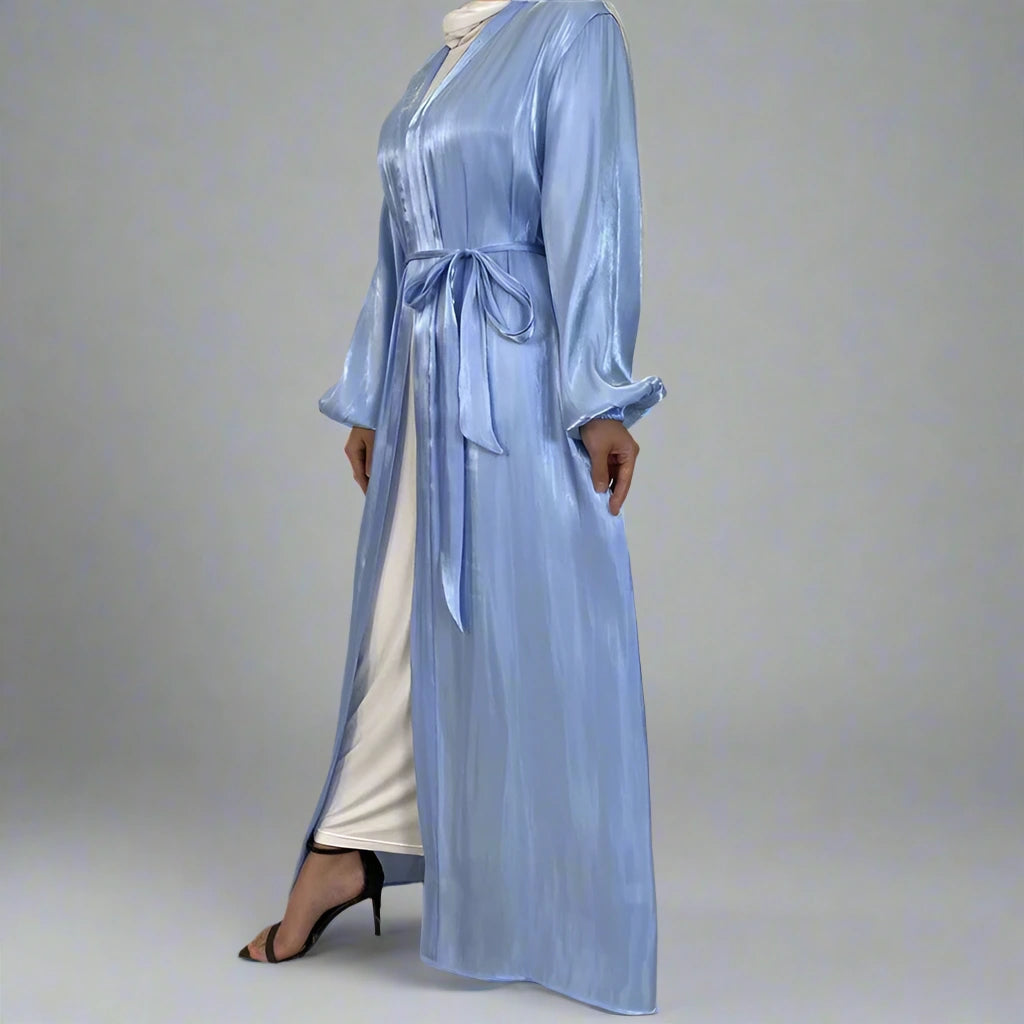 Elegant Satin Open Abaya Dress for Muslim Women - Soft Silk-Like Fabric, Modest Prayer Dress for Eid, Ramadan & Special Occasions