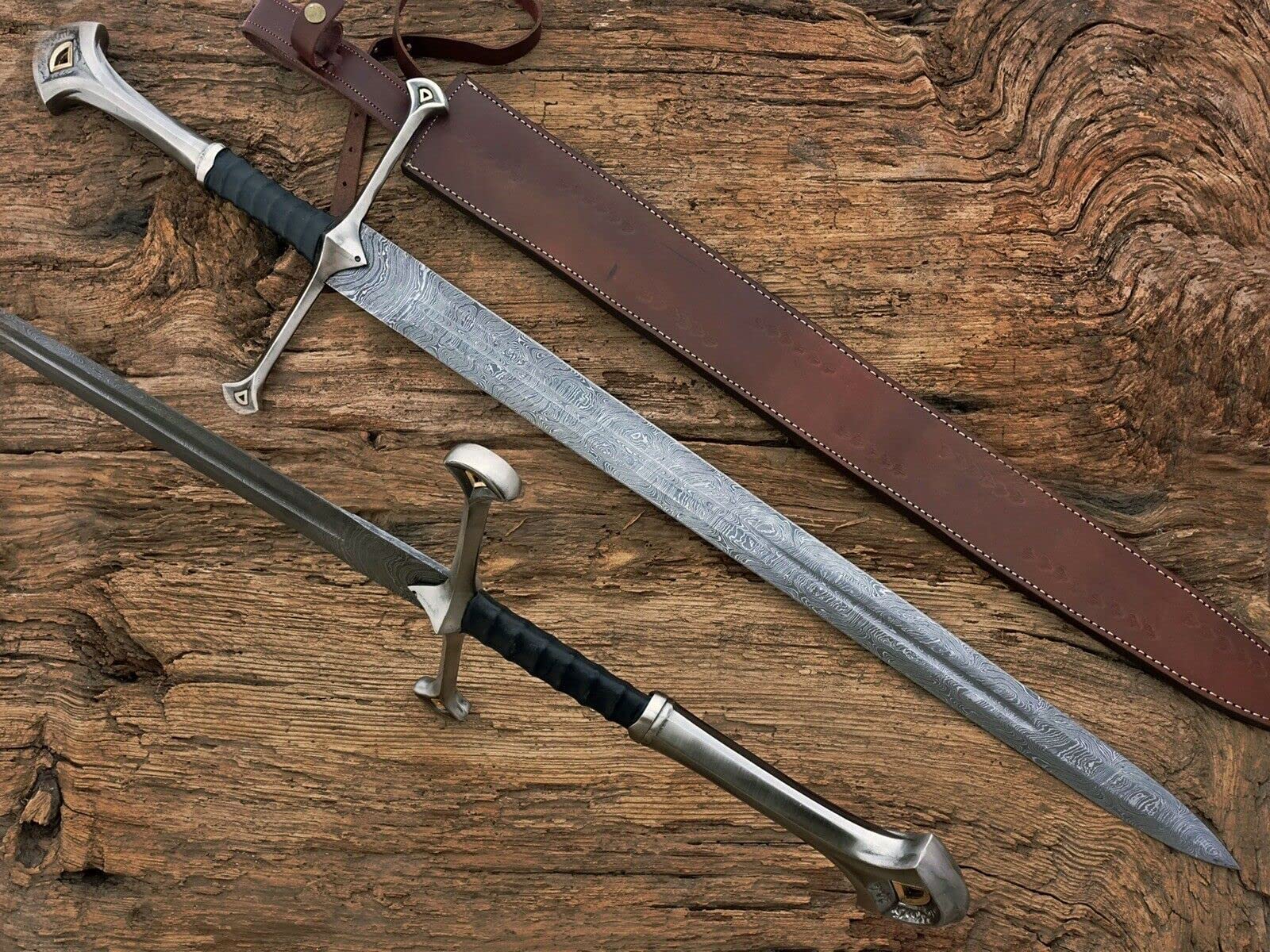 Handmade Damascus Steel Viking Sword with Leather Sheath - Custom Medieval Weapon for Collectors & Enthusiasts | Perfect Gift for Men, Birthday, Anniversary | Home Decor, Cosplay, Historical Reenactment
