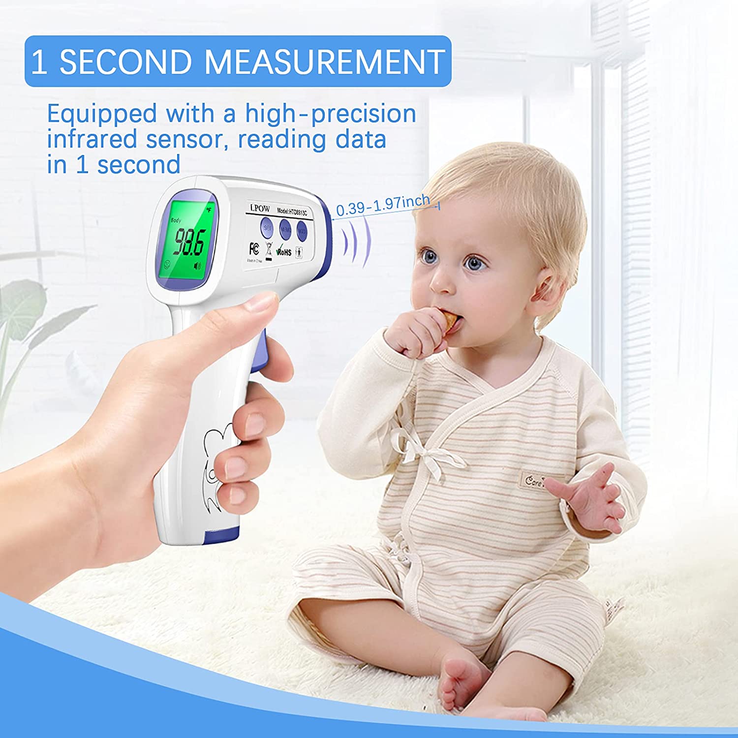 LPOW Digital Infrared Thermometer for Adults & Babies - Fast 1 Second Reading, 3 Color Backlight, 50 Memory Recall - Perfect for Home, Hospital, and Travel Use