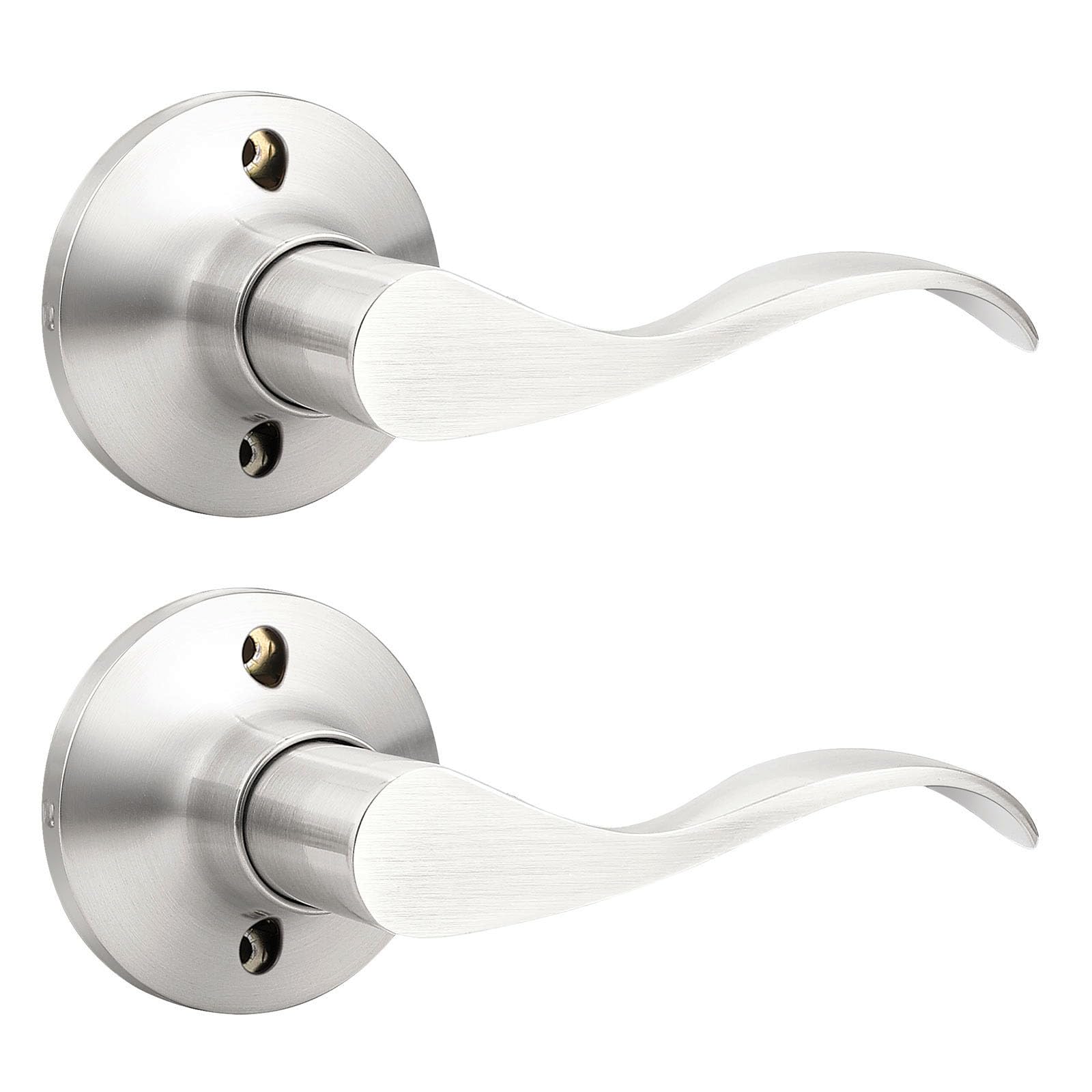 Gobekor 2 Pack Satin Nickel Dummy Door Handles - Right-Handed Wave Lever Non-Turning Lock for Interior Closet & Single Side Doors - Perfect for Bedrooms, Bathrooms and Storage Spaces