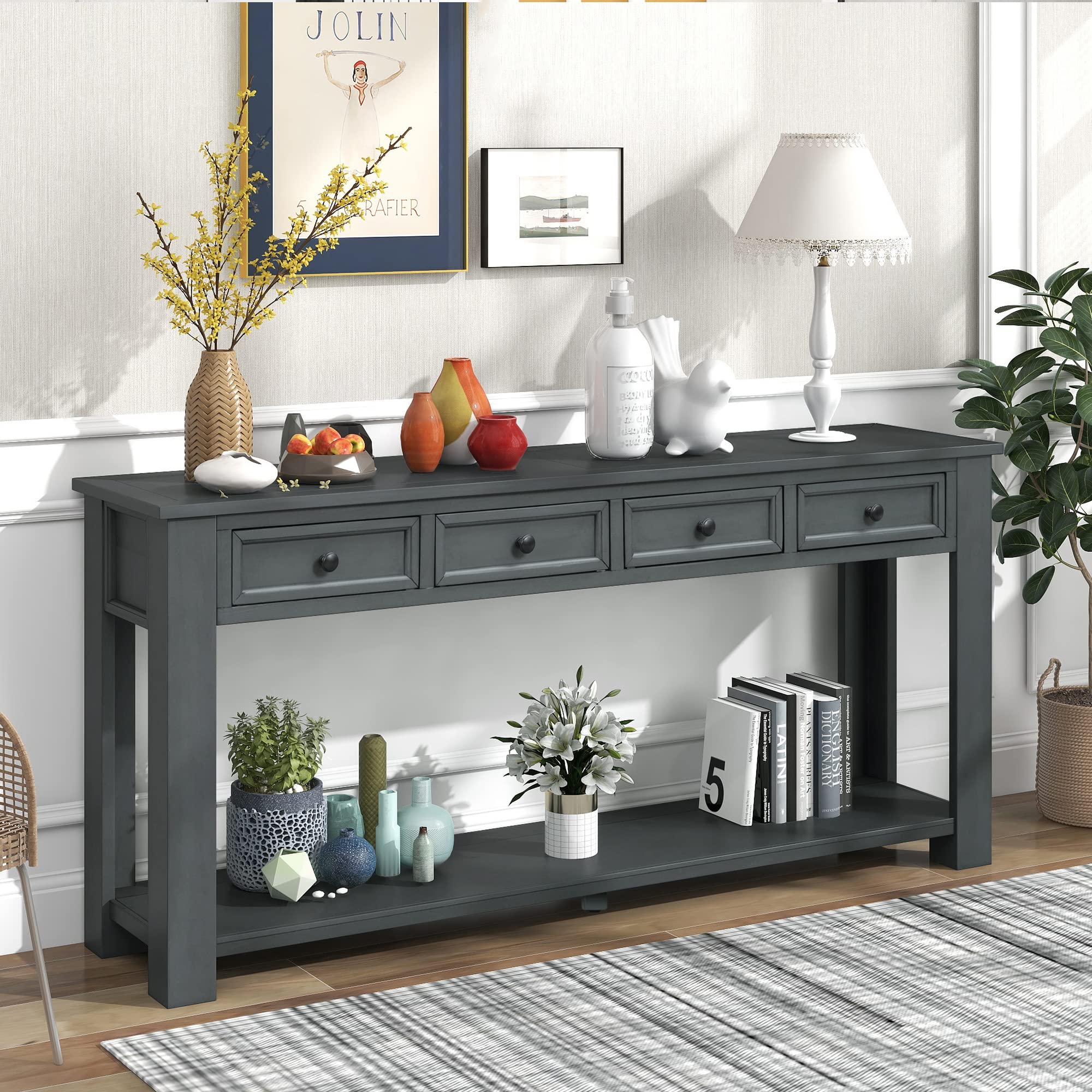 Modern Navy Console Table with 4 Storage Drawers & Bottom Shelf - Entryway Sofa Table for Living Room, Hallway, Bedroom - Perfect for Small Space Organization & Home Decor