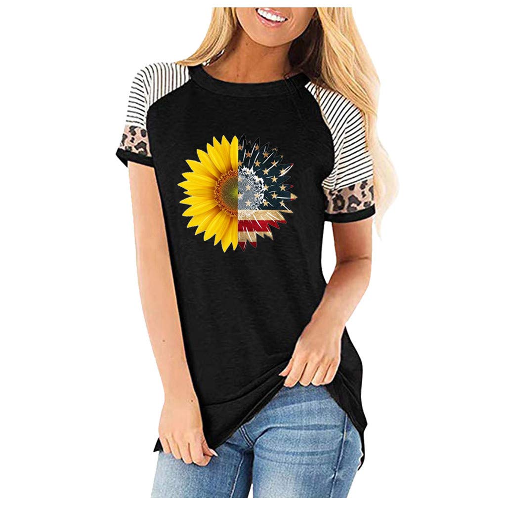 Lozeny Women's Sunflower Floral Graphic T-Shirt | Summer Patchwork Short Sleeve Blouse | Casual Pullover Tunic Top | Perfect for Beach Outings, Picnics & Summer Vacations