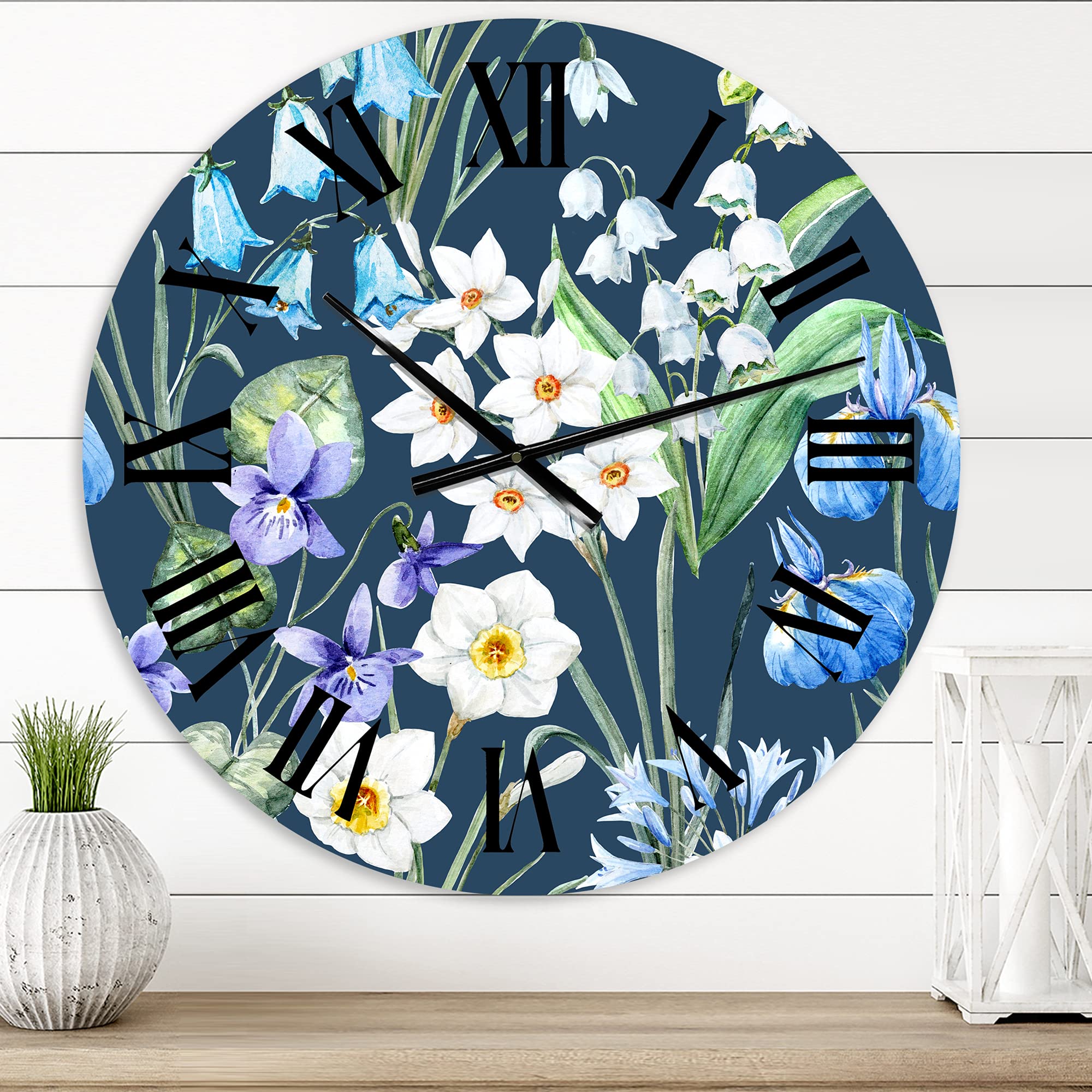 Large Floral Wall Clock - White & Blue Spring Flowers on Dark Blue - Elegant Home Decor for Living Room, Bedroom & Office - Perfect for Vintage & Farmhouse Style Interiors