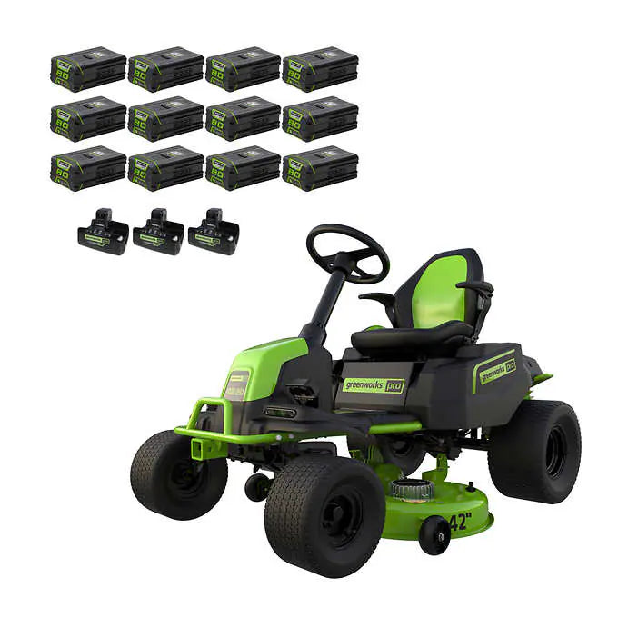 80V 42-Inch Cordless Battery Riding Lawn Mower with 12 x 4.0Ah Batteries & 3 Dual Port Turbo Chargers - Perfect for Large Yard Maintenance and Commercial Landscaping